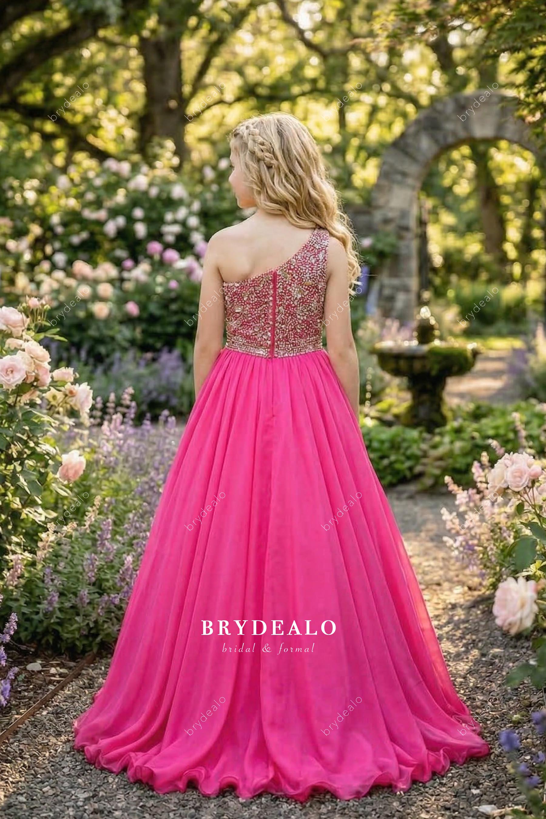 rhinestone one-shoulder kids pageant dress