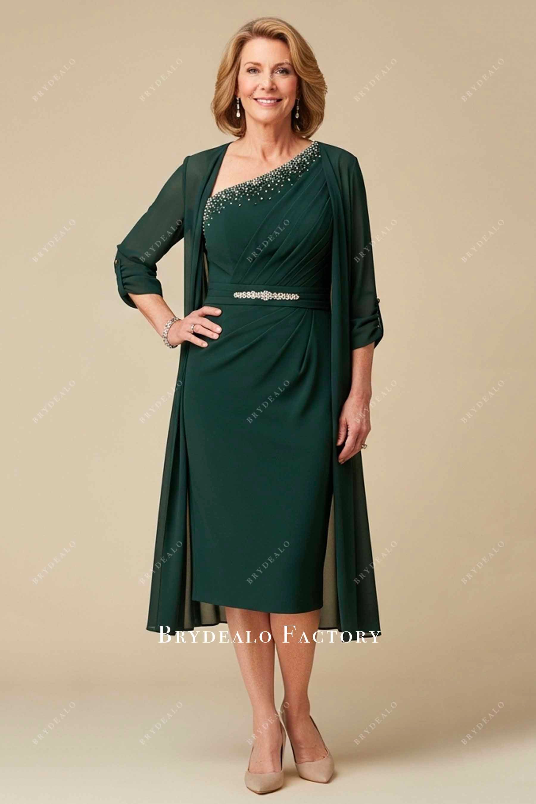 rhinestone one-shoulder neck mother of bride dress