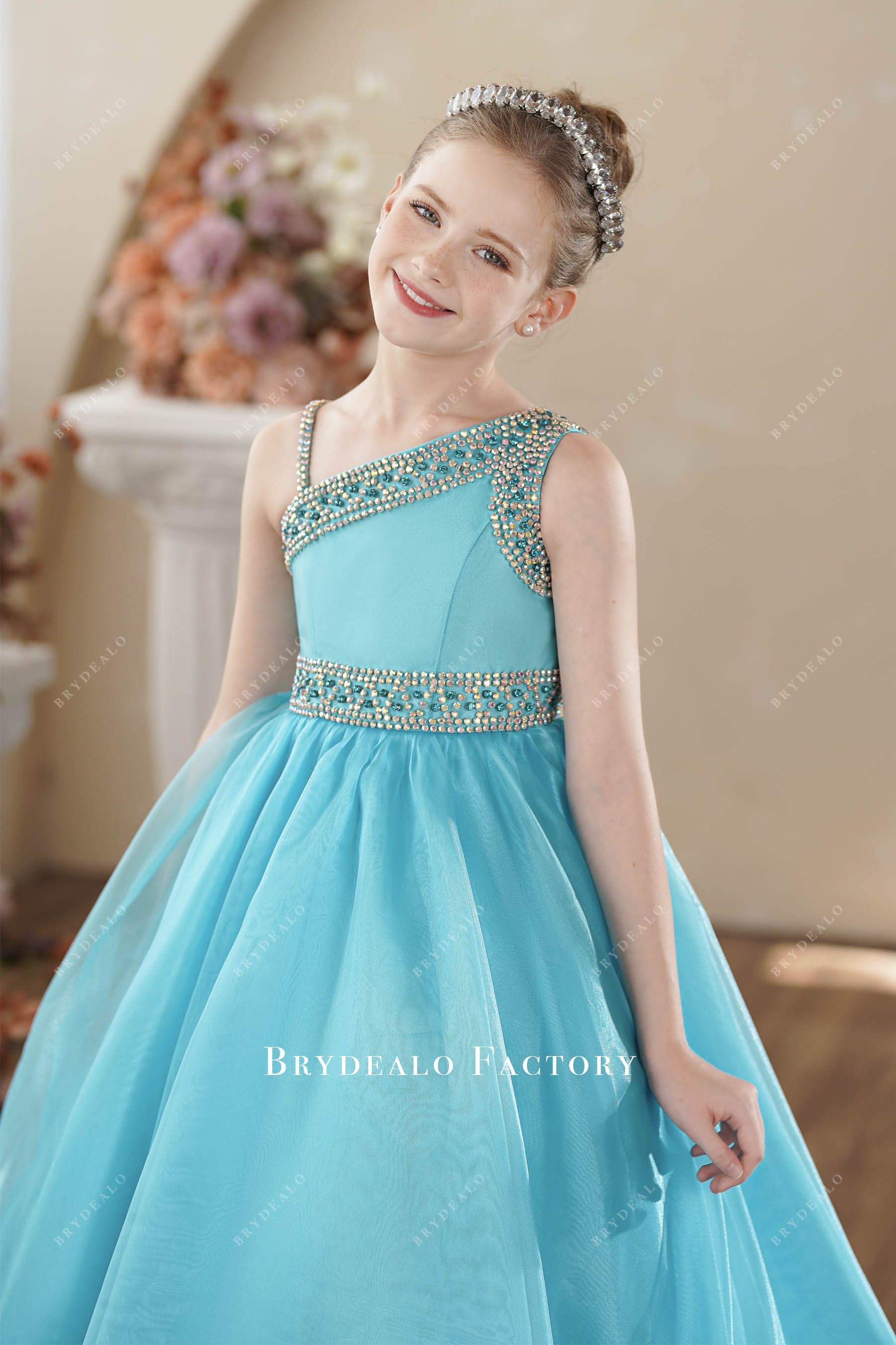 rhinestone one shoulder strap blue kids formal gown