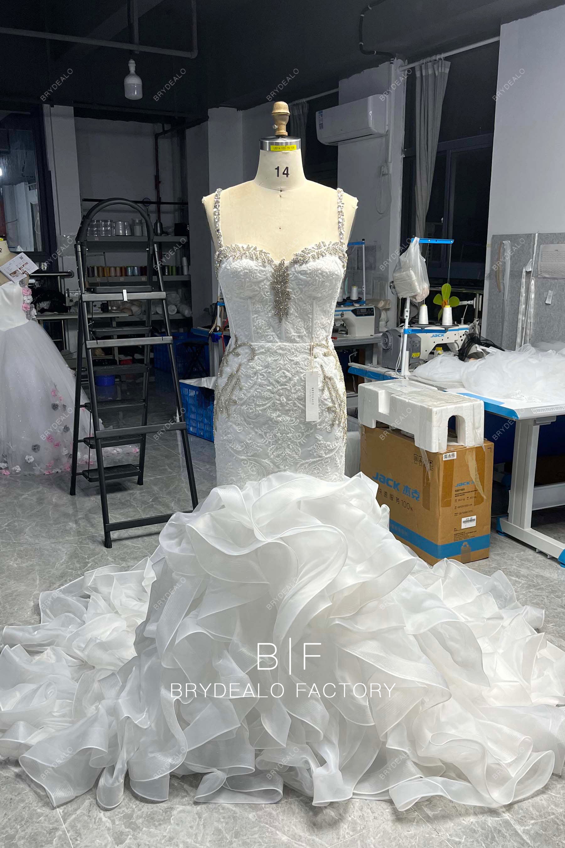 rhinestone straps mermaid organza wedding dress