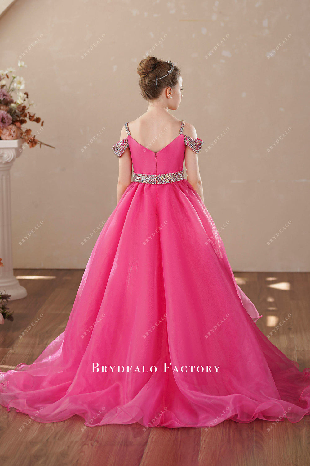Crystals Fuchsia Cap Sleeves A-Line Miss Teen Pageant Dress