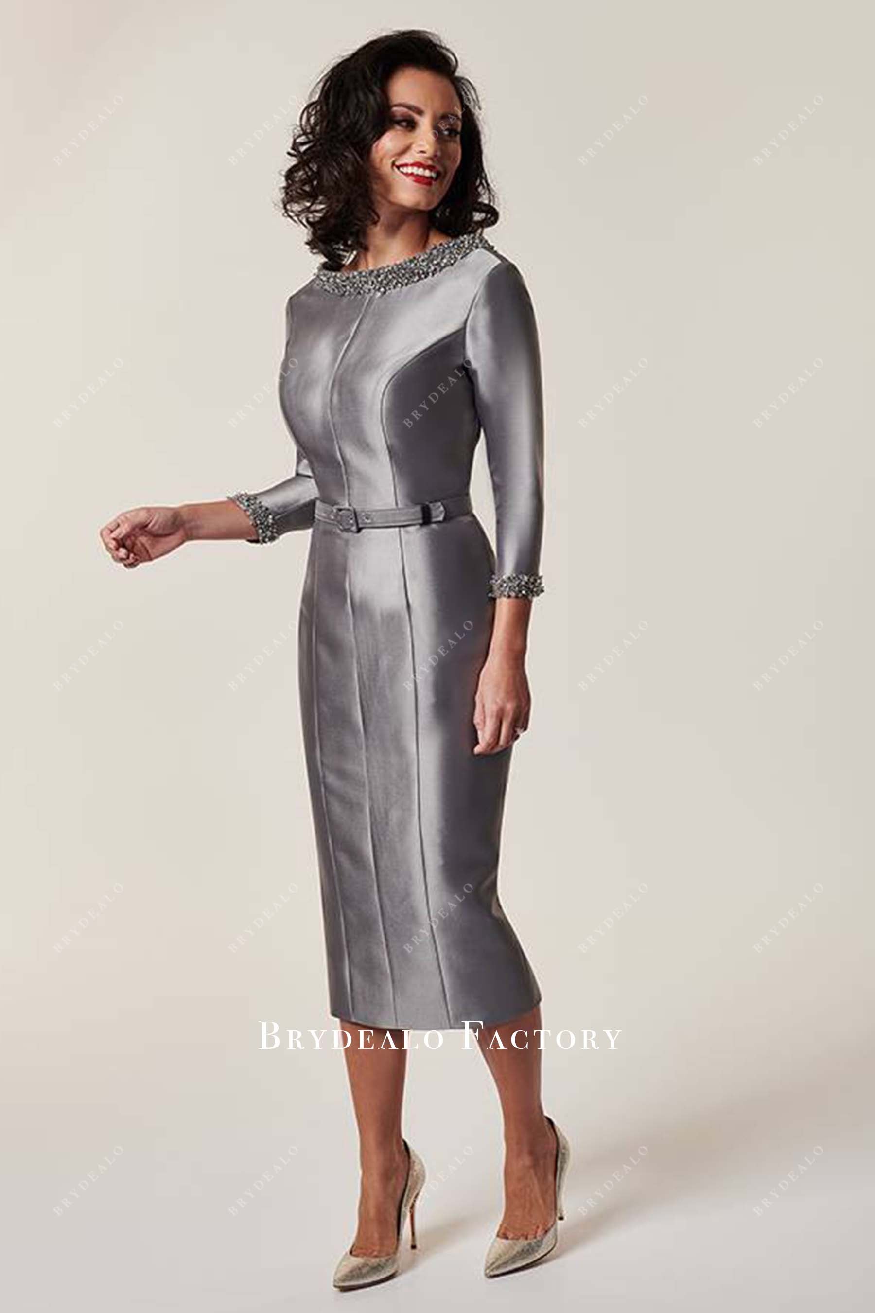 rhinestones grey pencil mother of bride dress