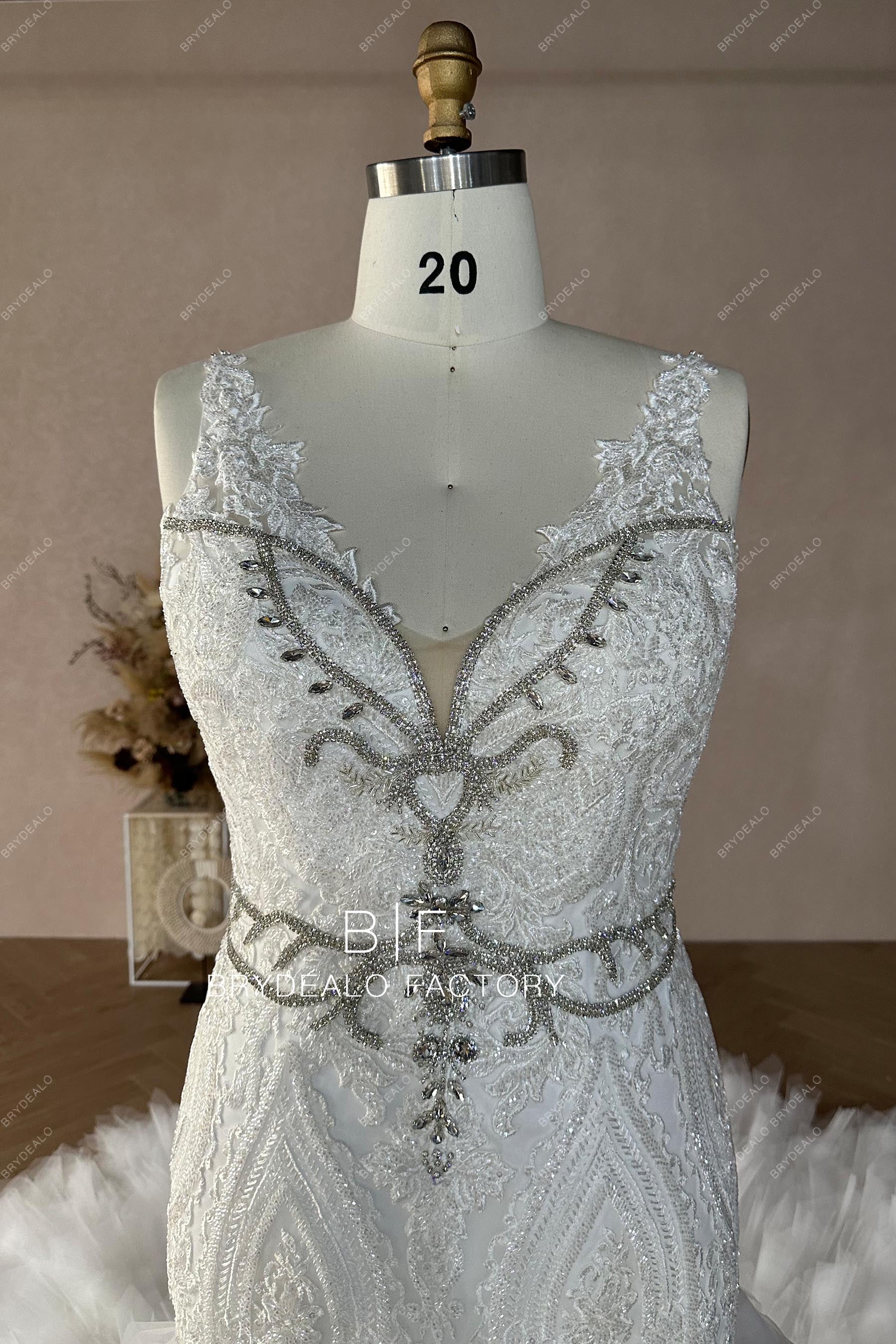 rhinestones plunging neck plus size bridal dress