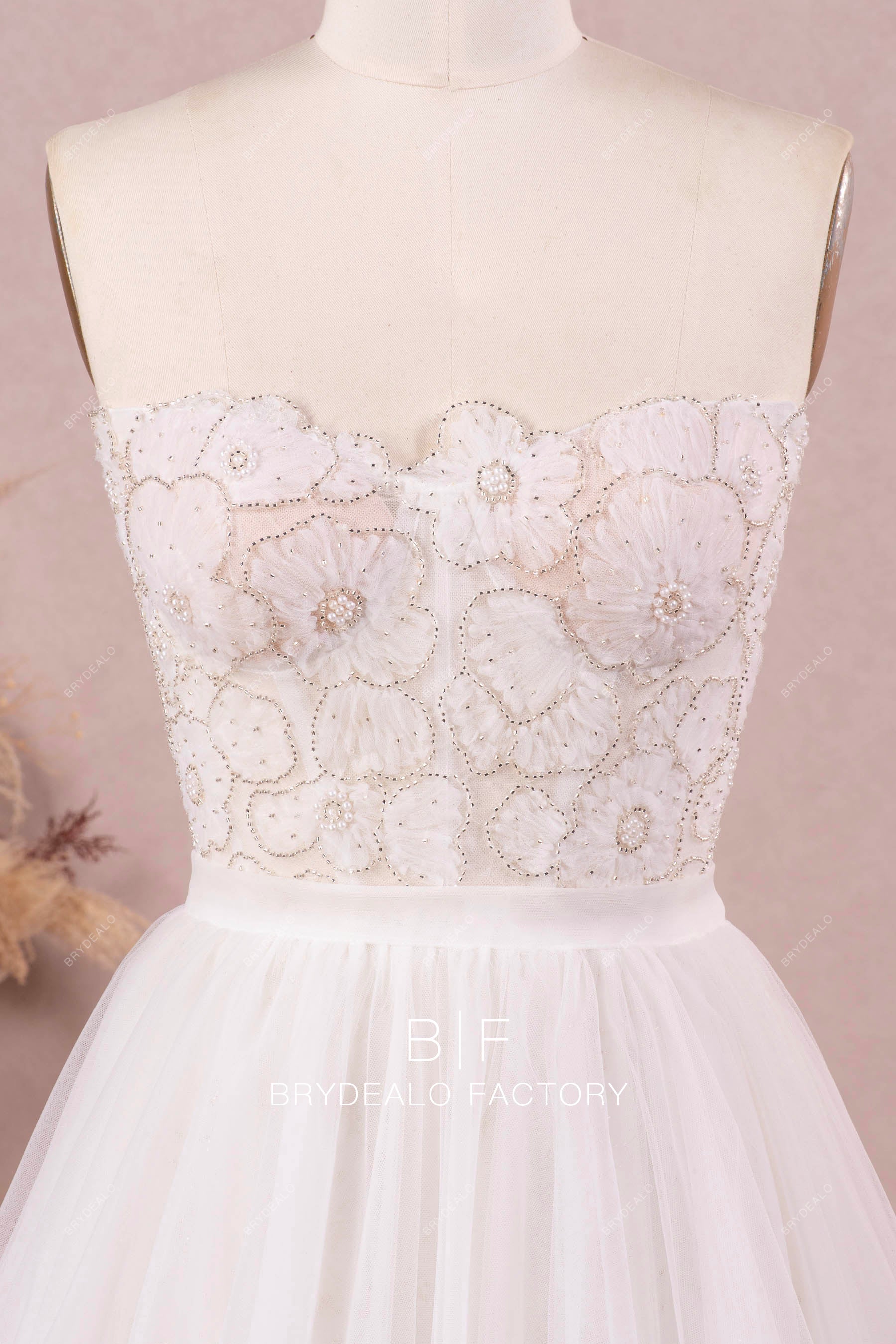 romantic beaded flower lace wedding gown