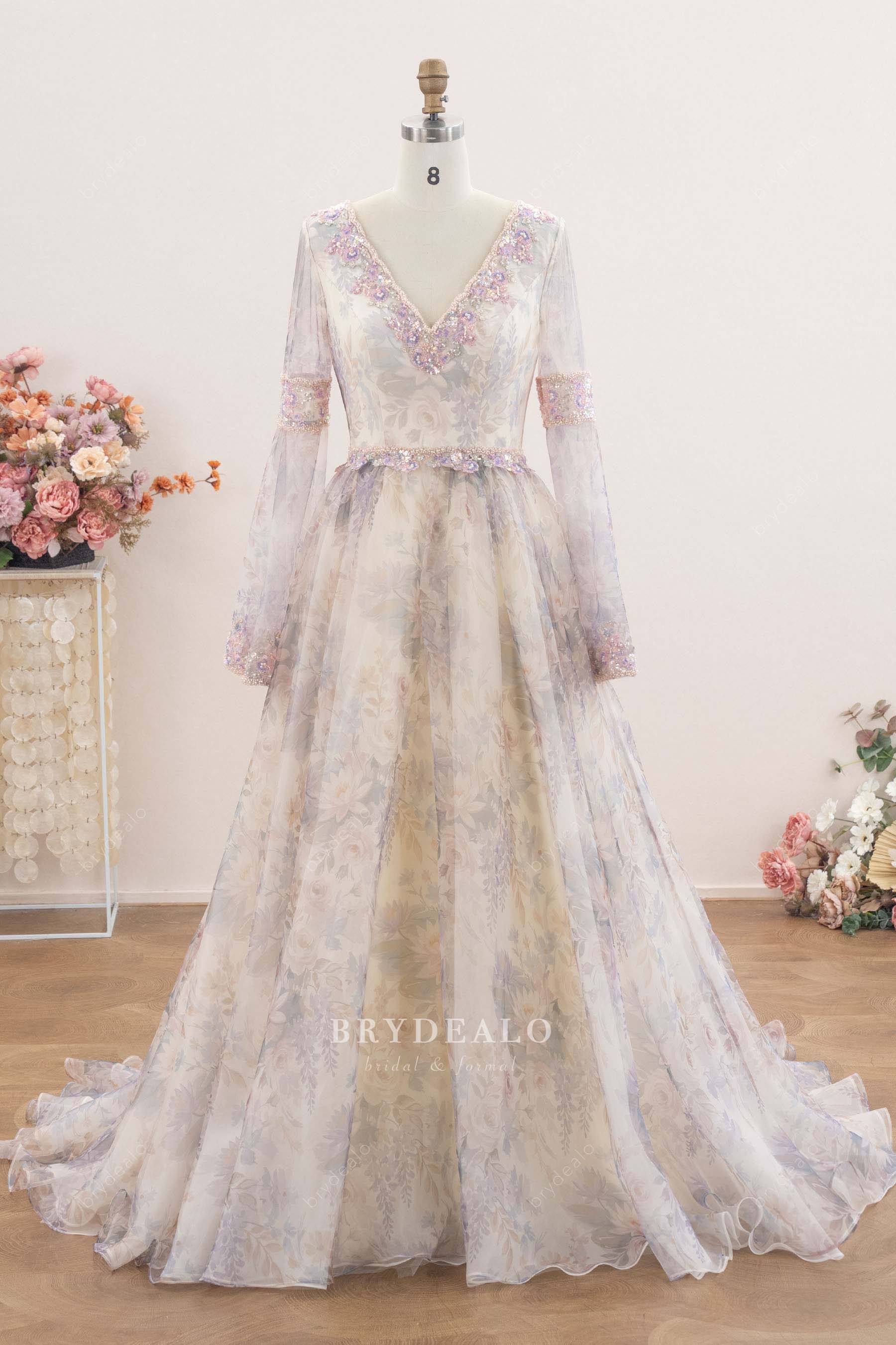 romantic bell sleeve floral wedding dress