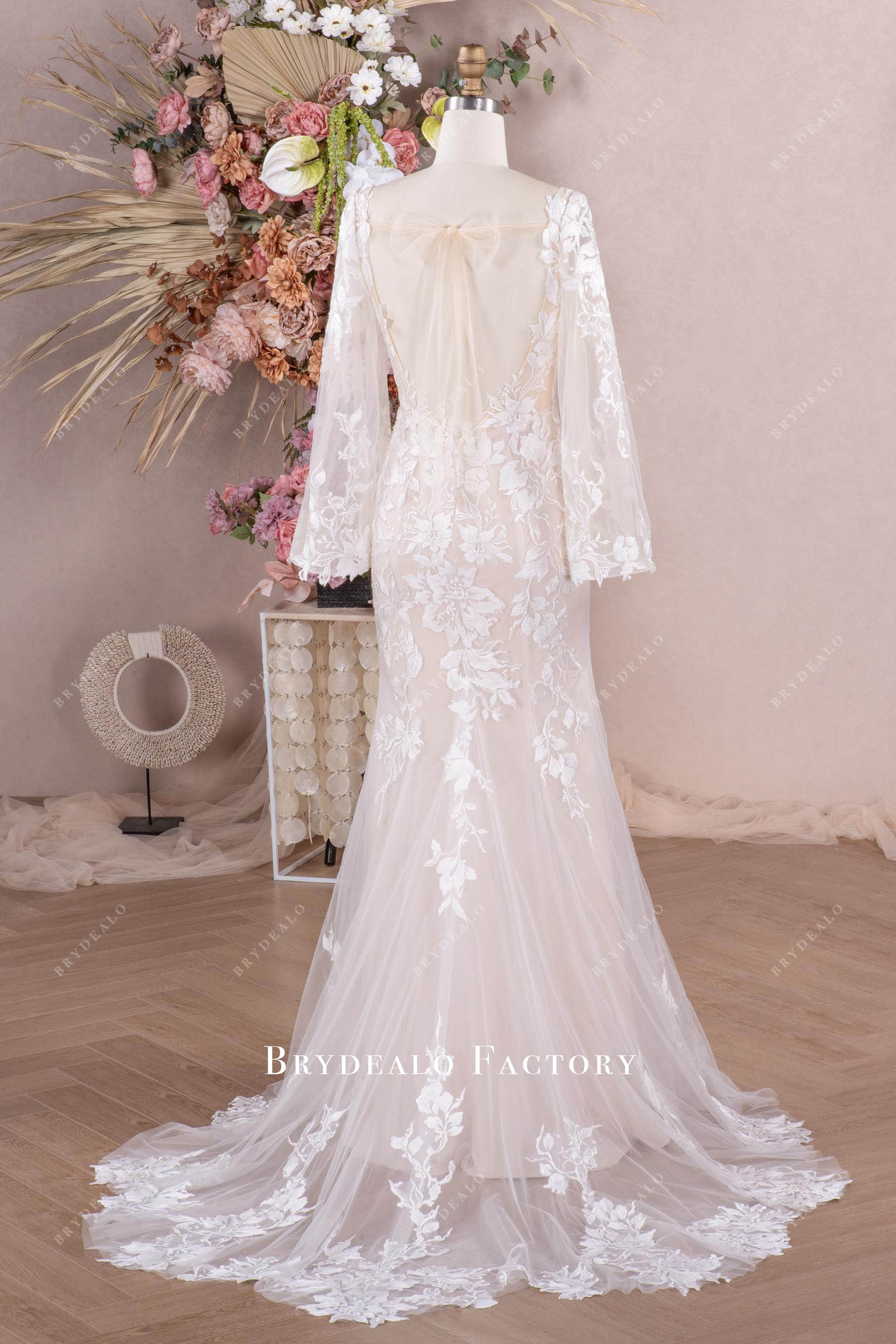 romantic bow back lace cutout train wedding dress