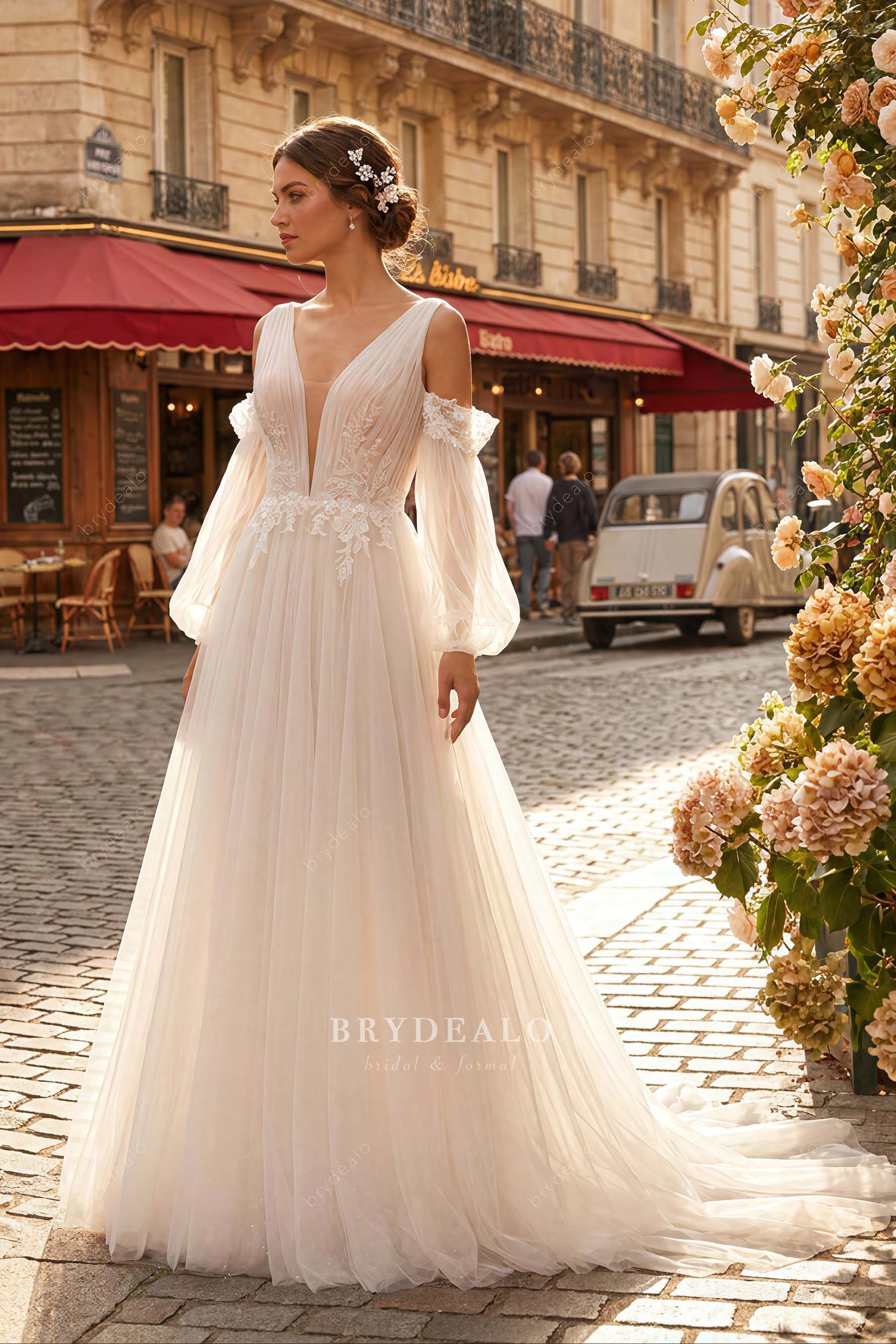 romantic bubble sleeve tulle wedding dress