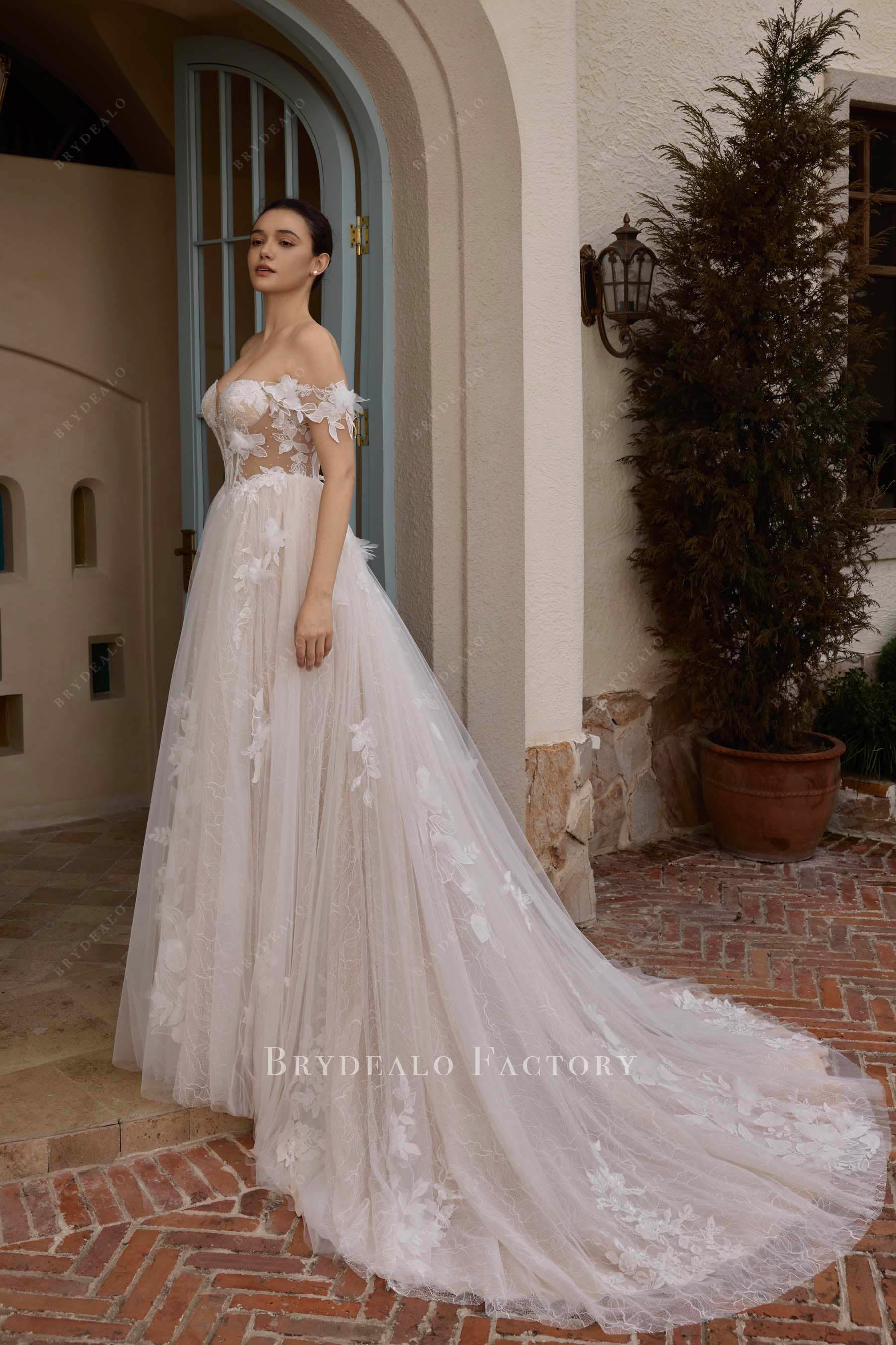 romantic chapel train lace bridal gown