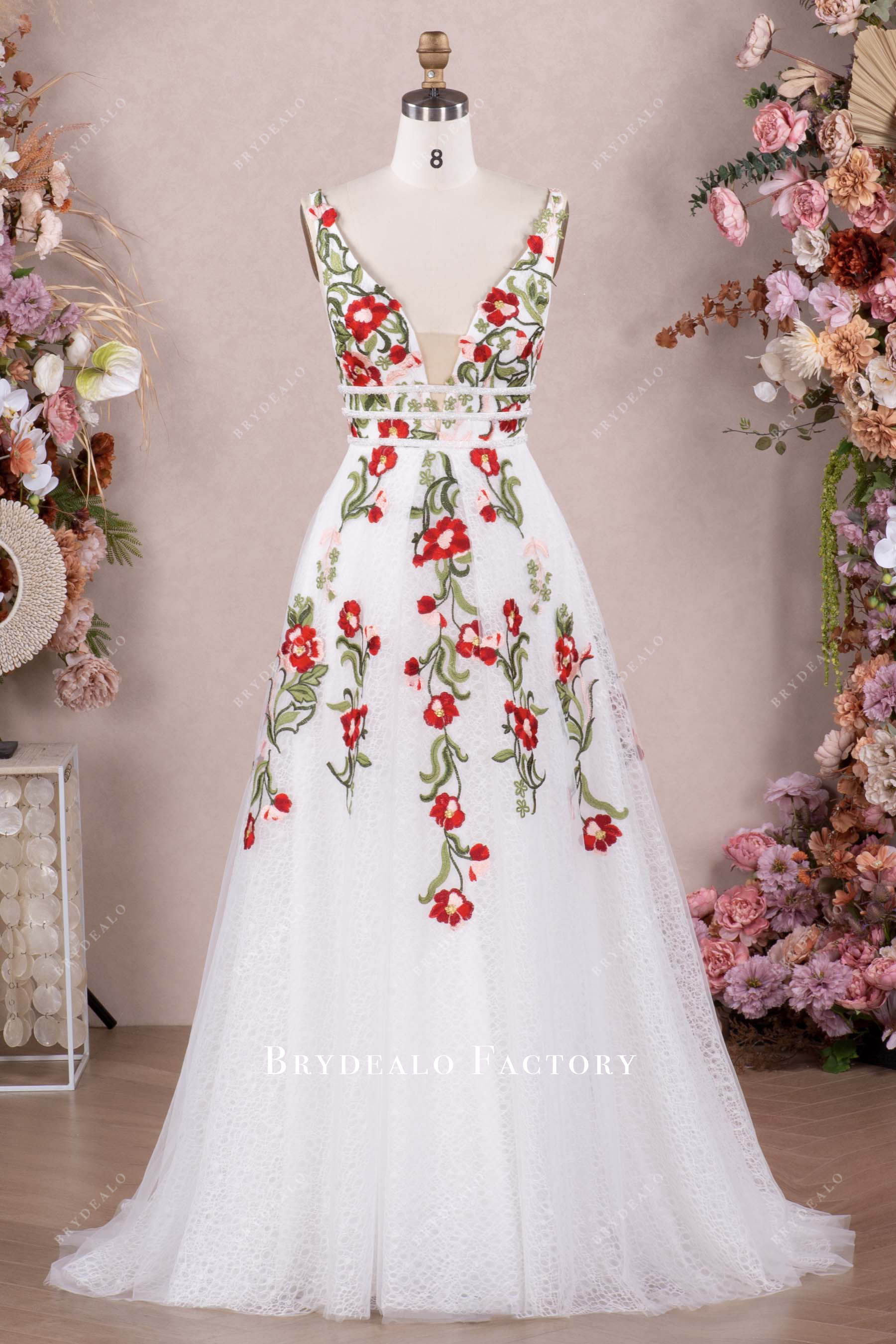 romantic colorful flower lace wedding dress