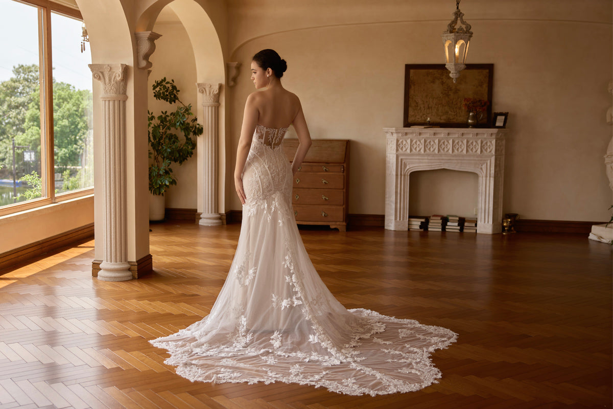 romantic cutout lace train wedding dress