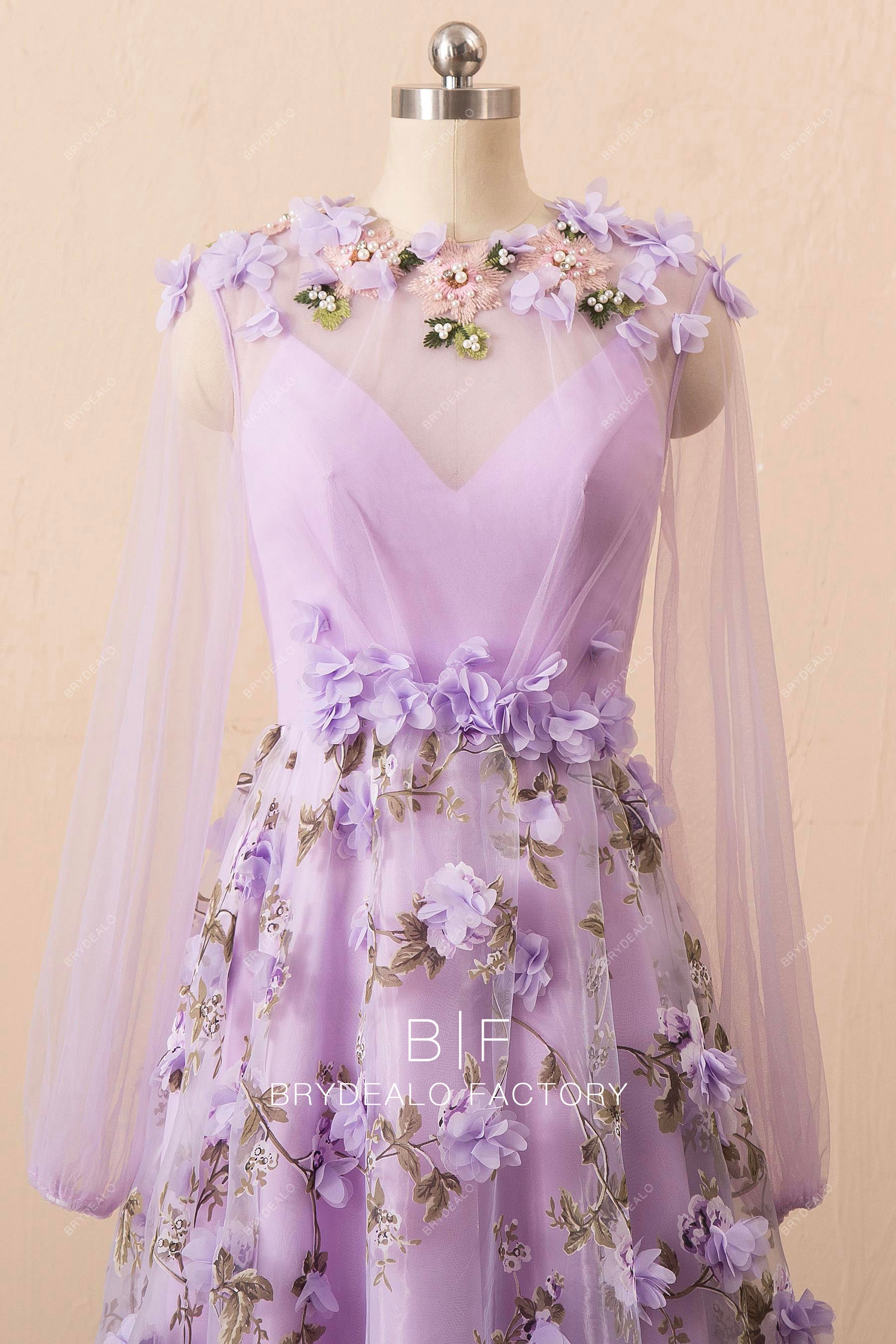 romantic flower illusion sleeve prom dress