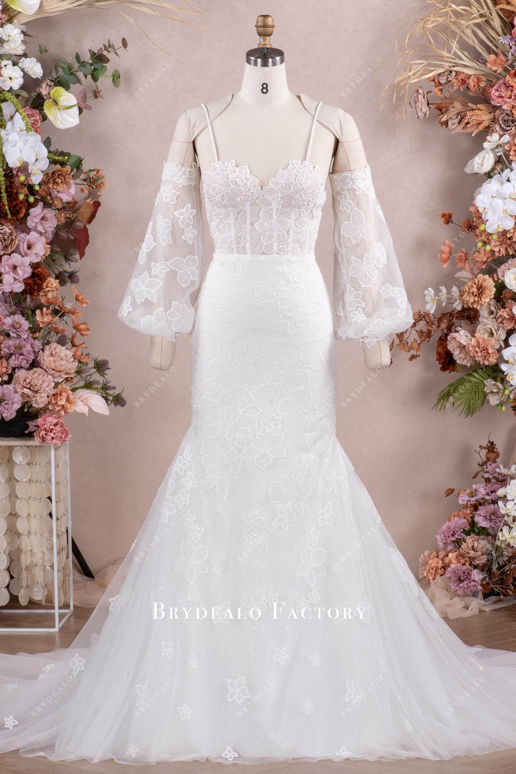 romantic flower lace mermaid wedding dress