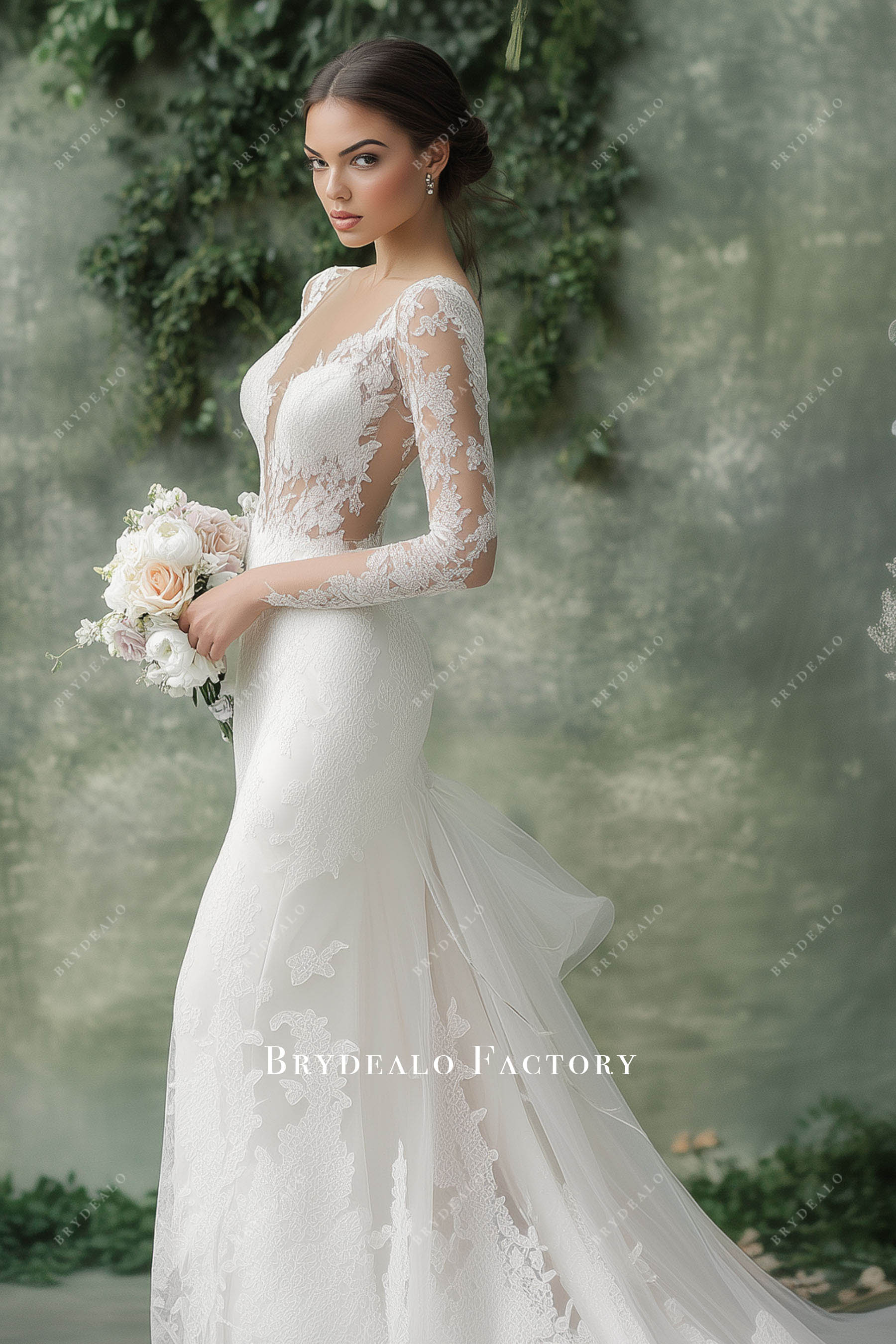 romantic illusion long sleeve lace wedding dress