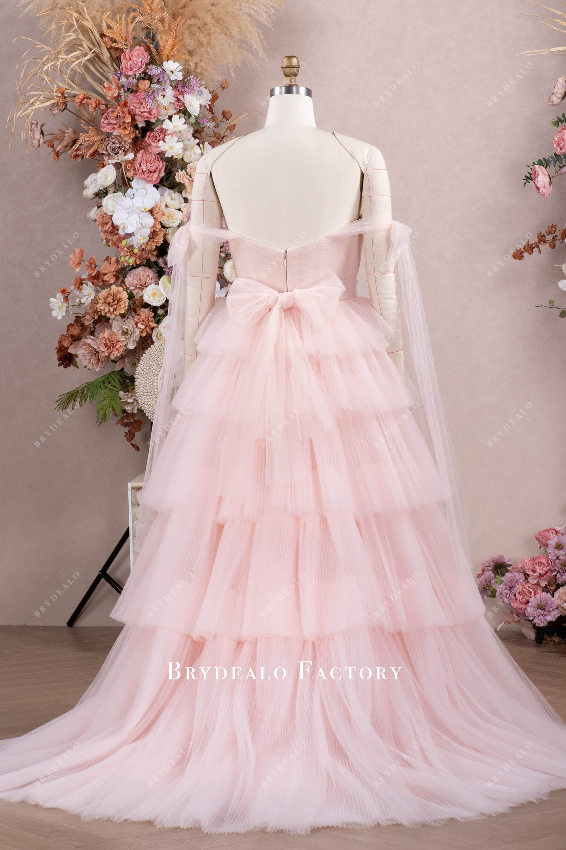 romantic pink tiered wedding gown