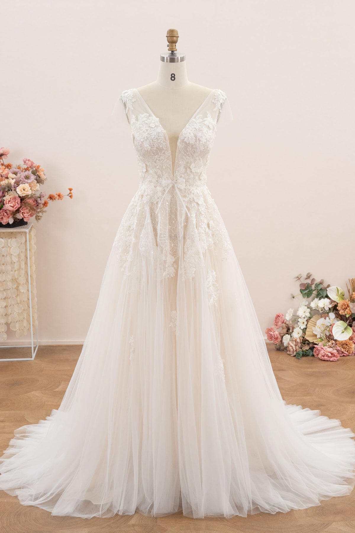 romantic plunging lace tulle wedding dress