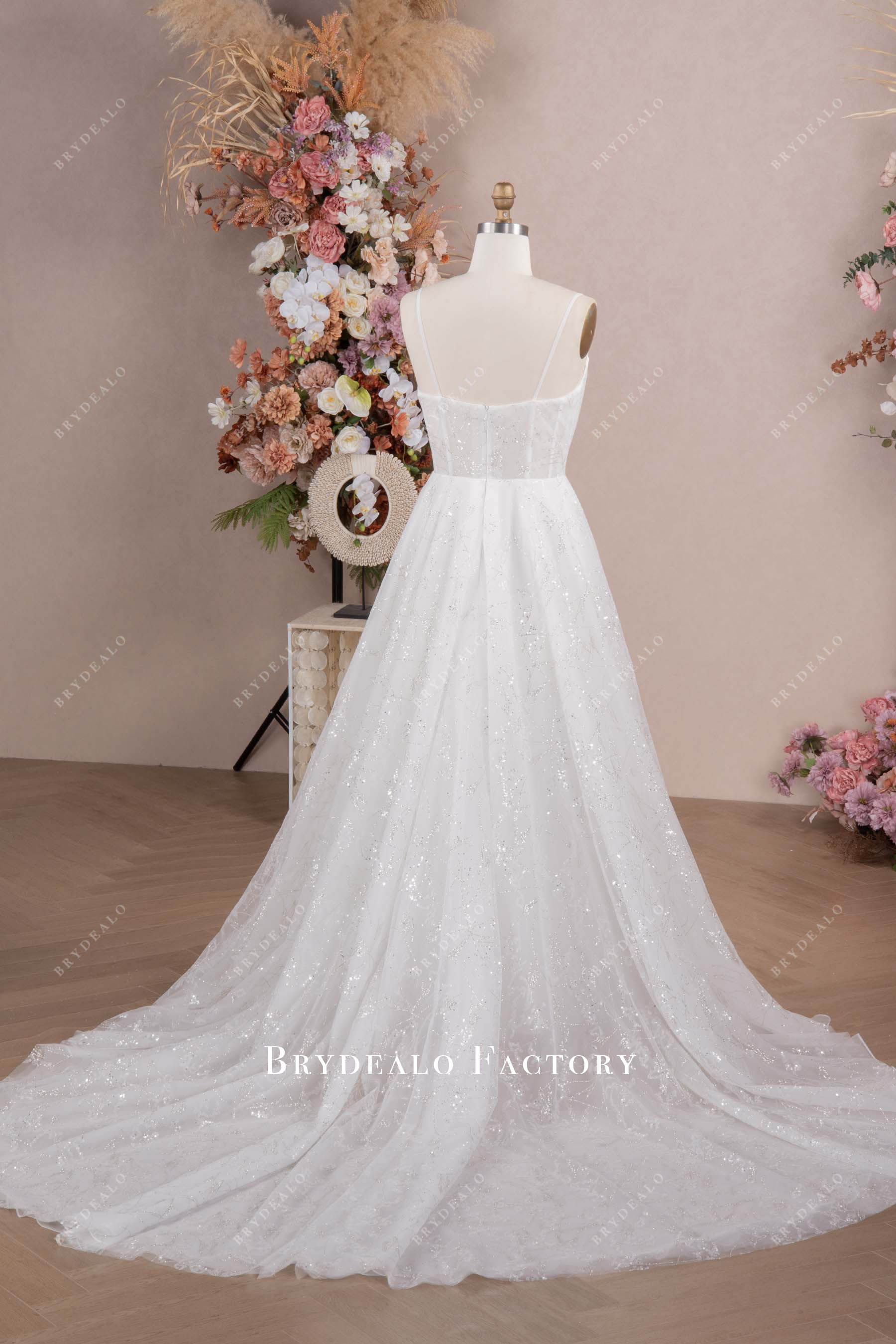 romantic sparkly long train wedding dress