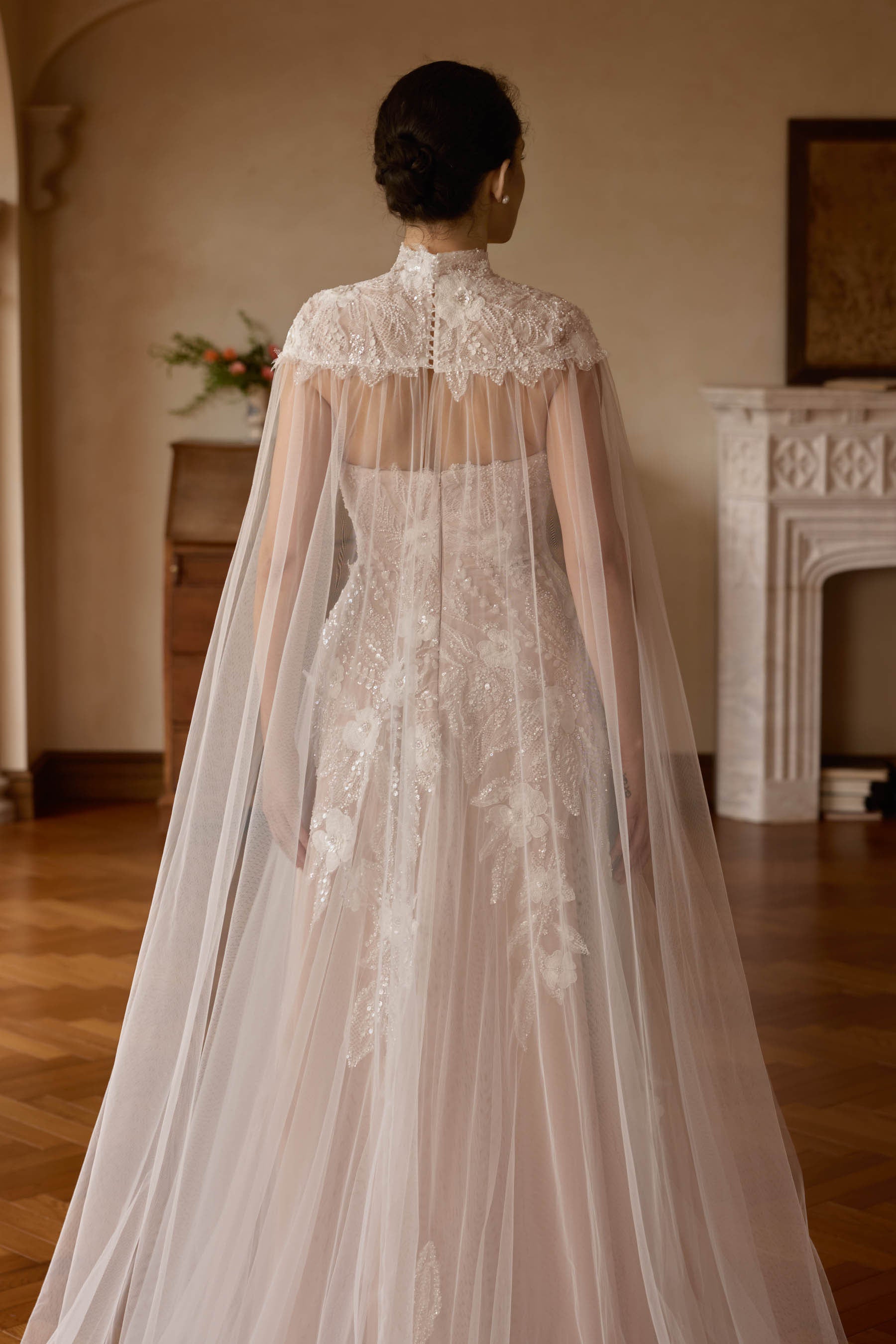 royal beaded lace cape wedding dress