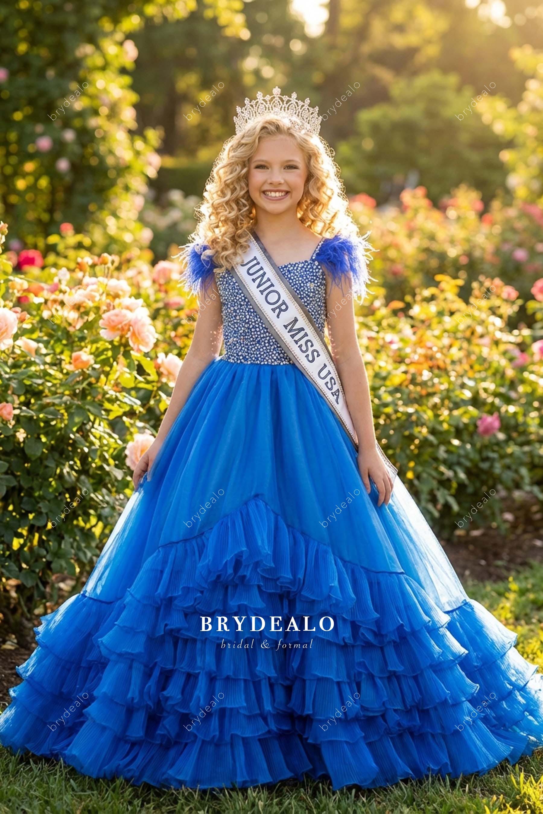 royal blue feather straps kids pageant gown