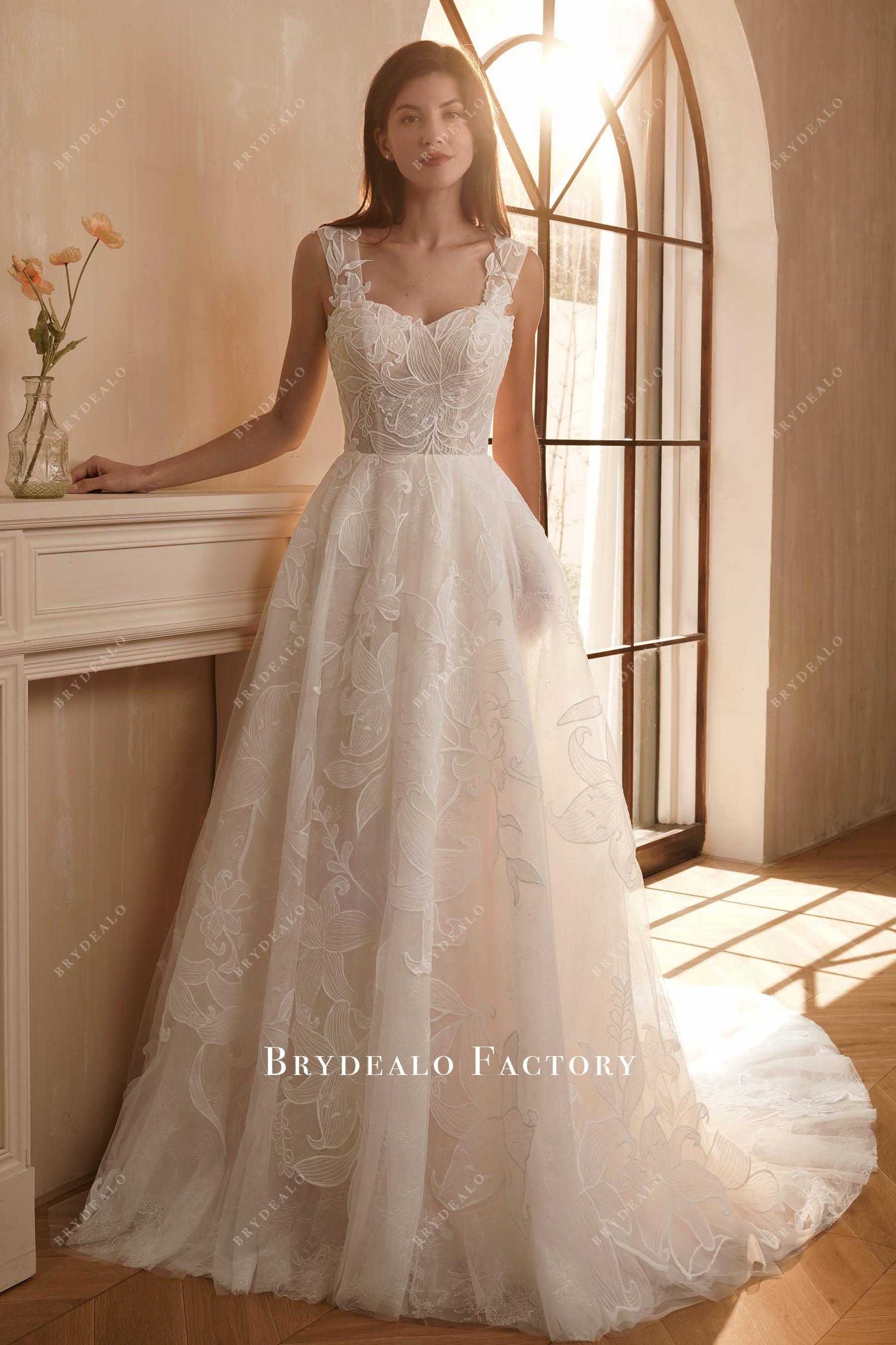 royal large flower lace wedding dress