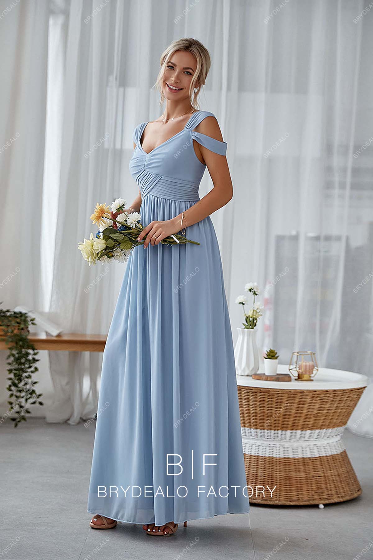 Dusty Blue Chiffon Floor Length A-line Bridesmaid Gown