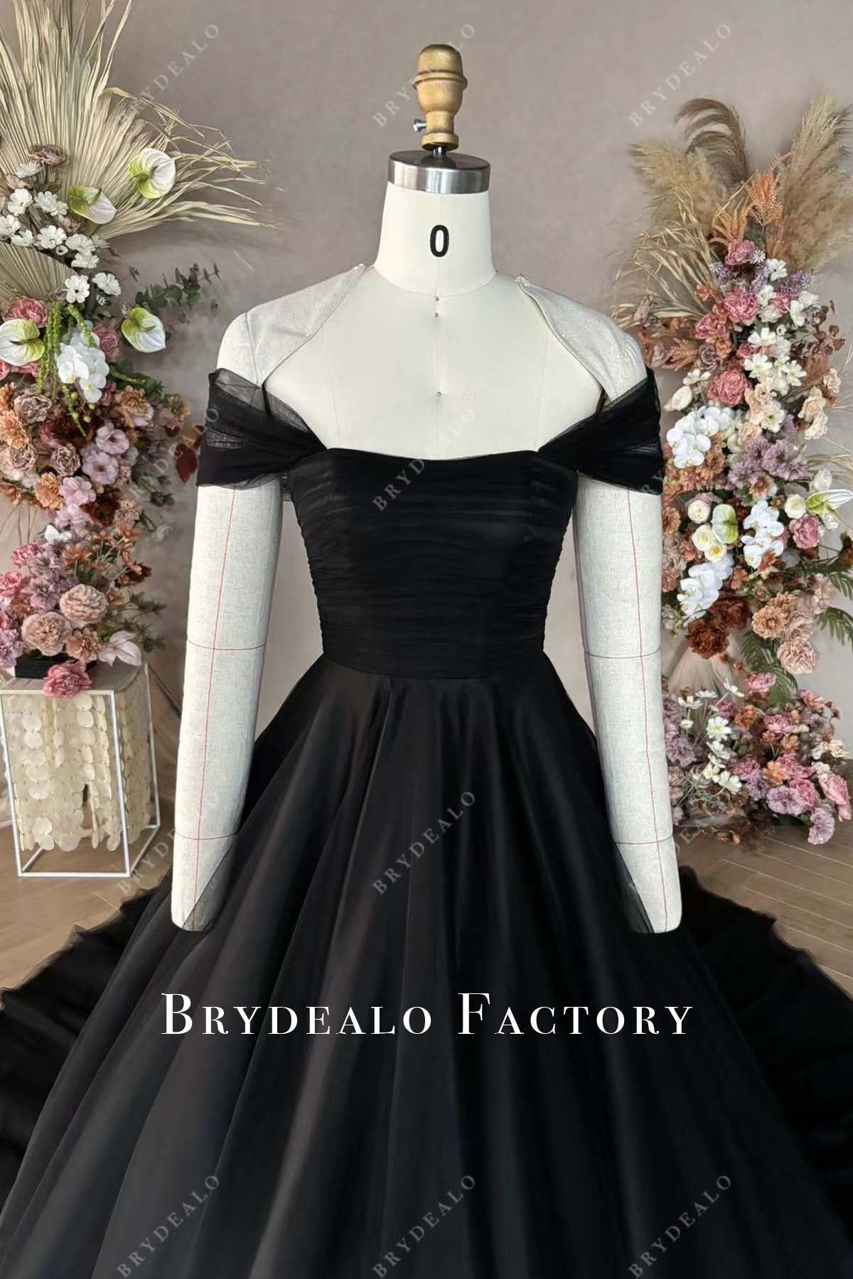 ruched off shoulder wedding gown