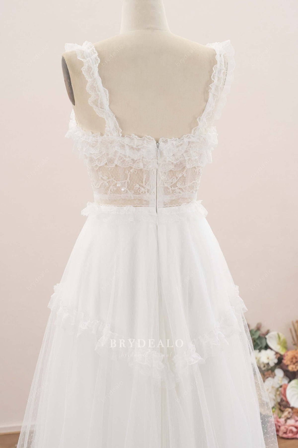 ruffle straps lace wedding dress
