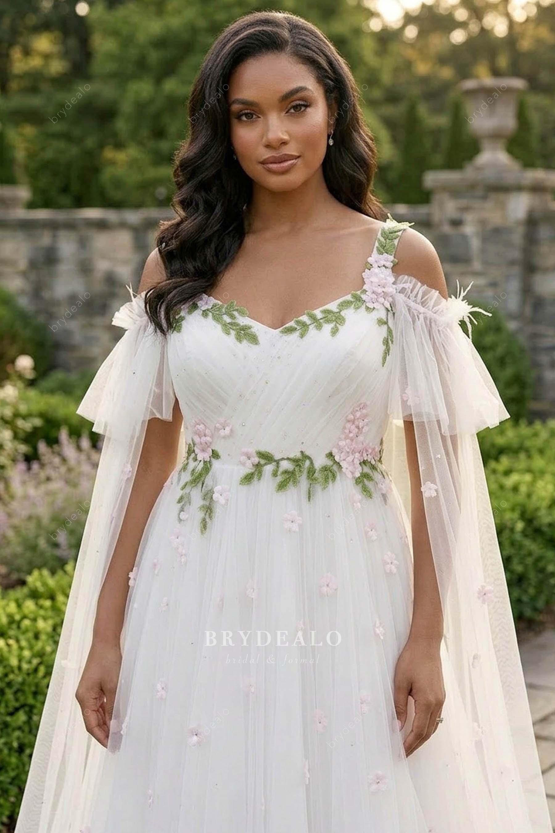 ruffled cold shoulder wedding dress
