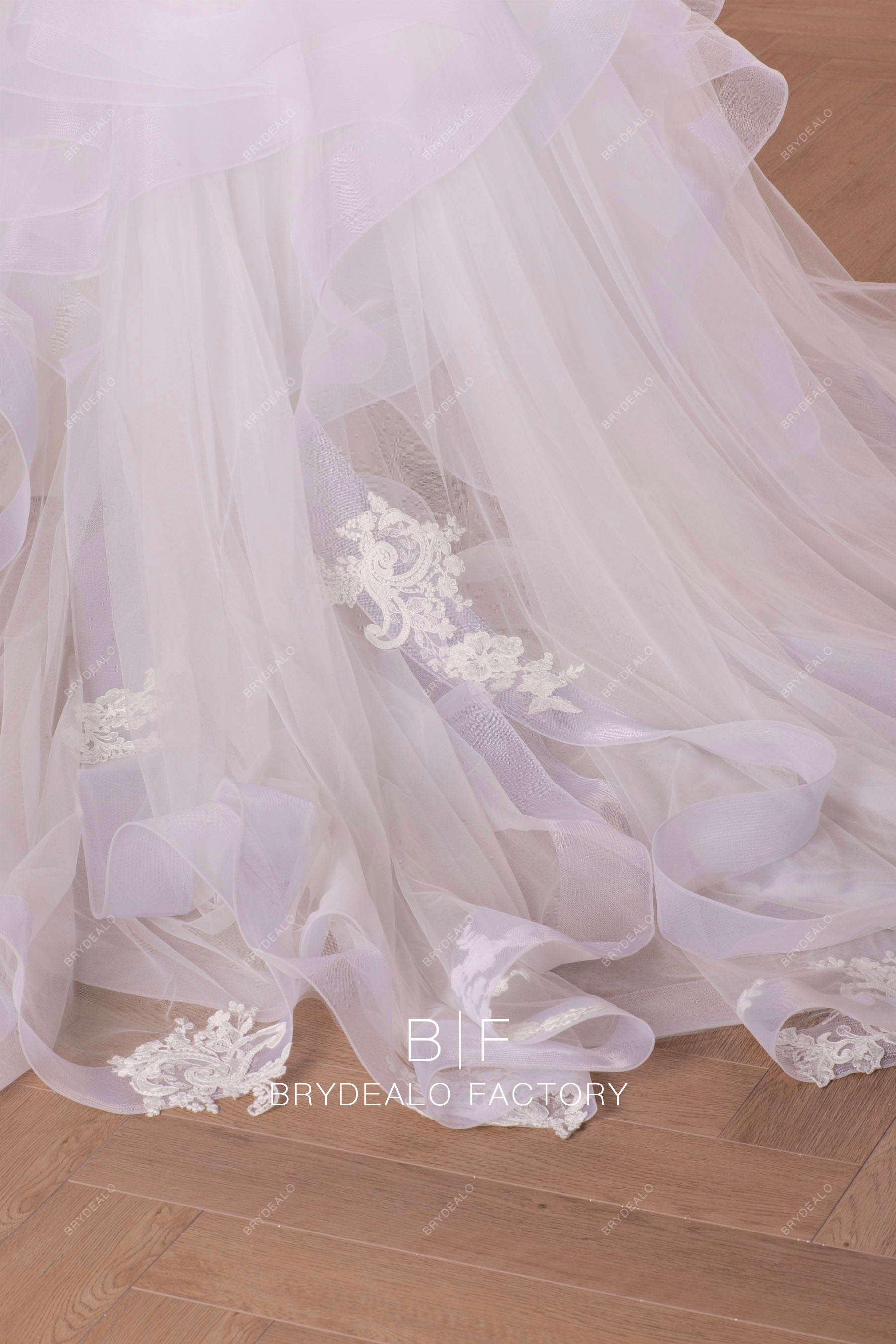 ruffled lace tulle wedding gown