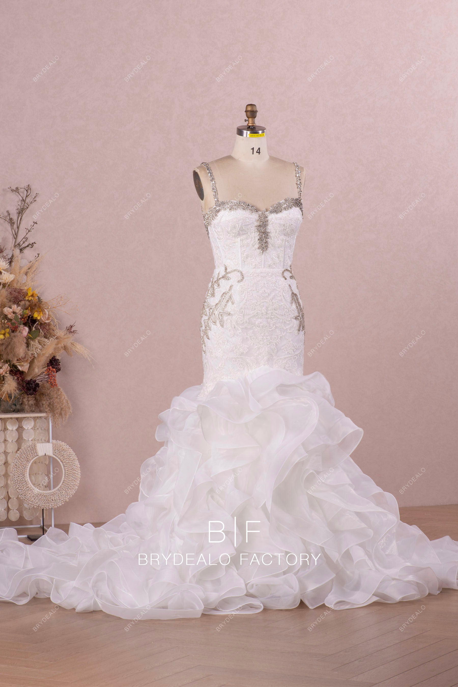 ruffled organza mermaid bridal gown