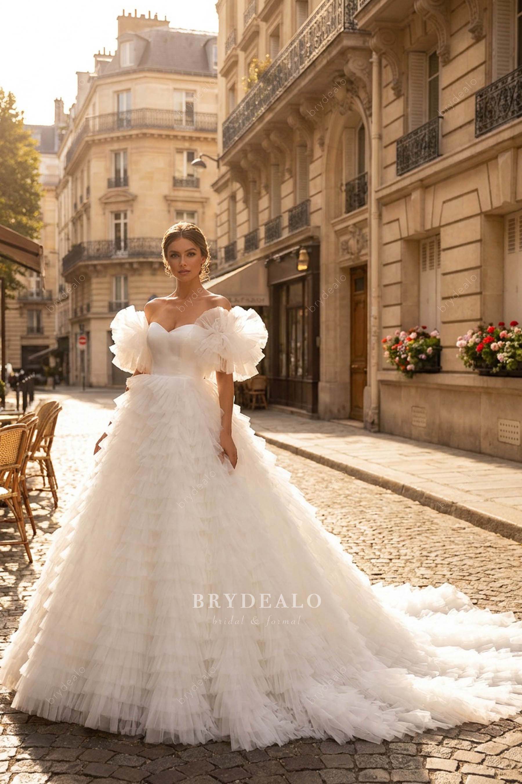 ruffled short sleeve tiered wedding ballgown