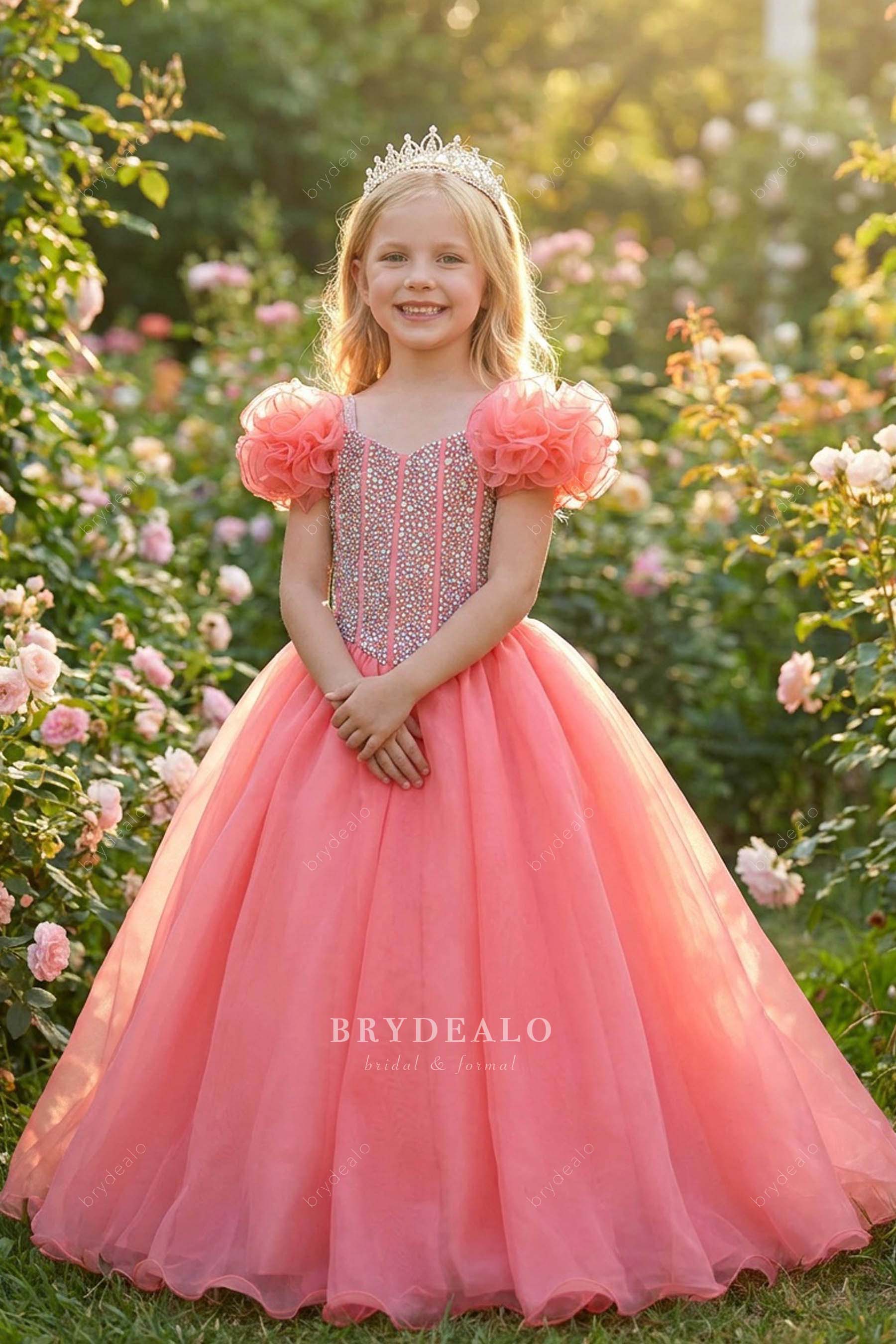 ruffled sleeves kids pageant gown