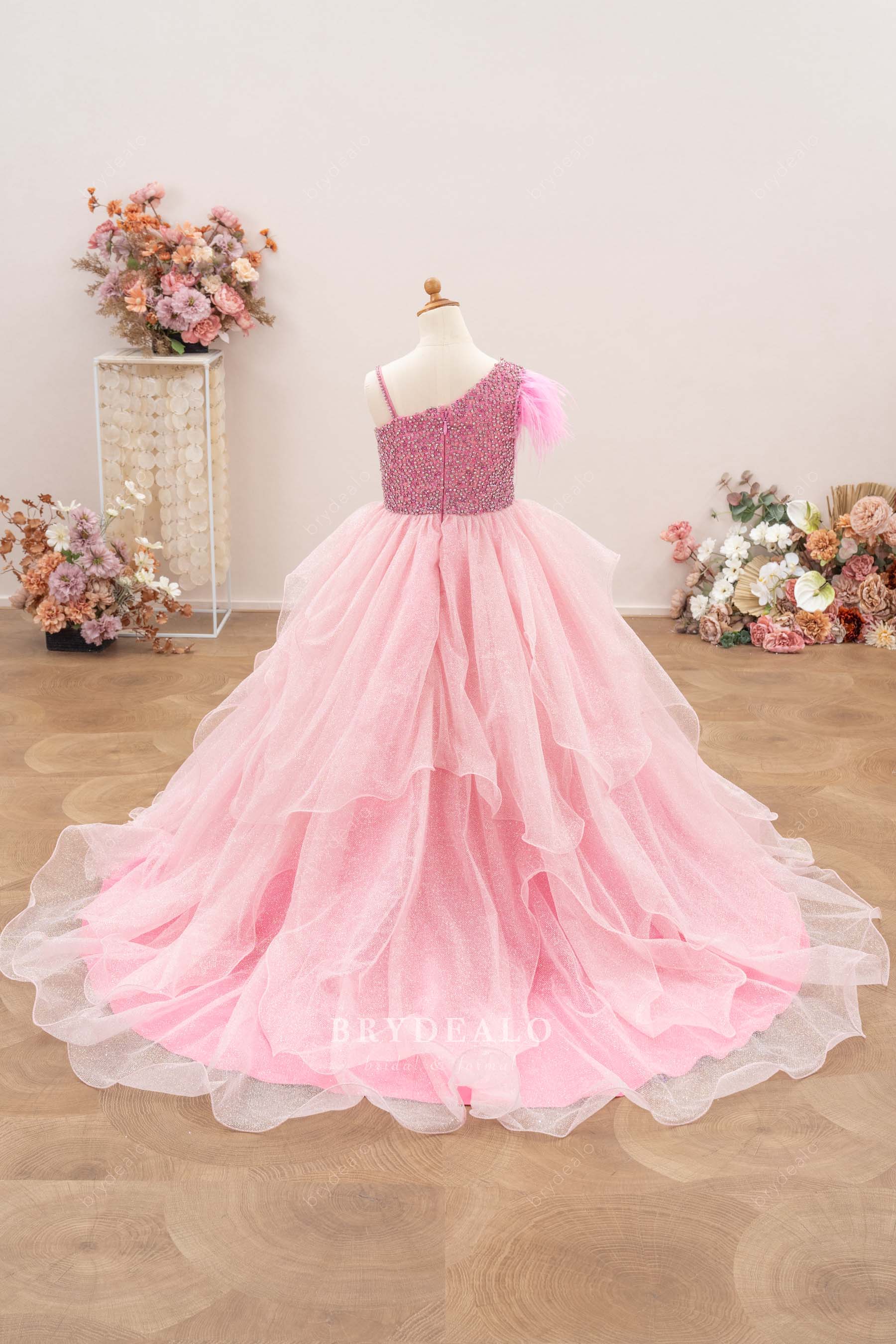 ruffled train luxury kids pageant gown