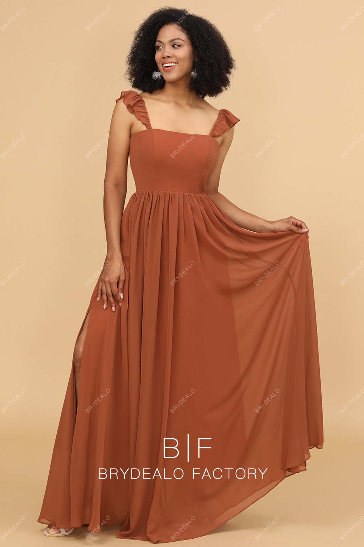slit A-line rusty chiffon floor length bridesmaid dress