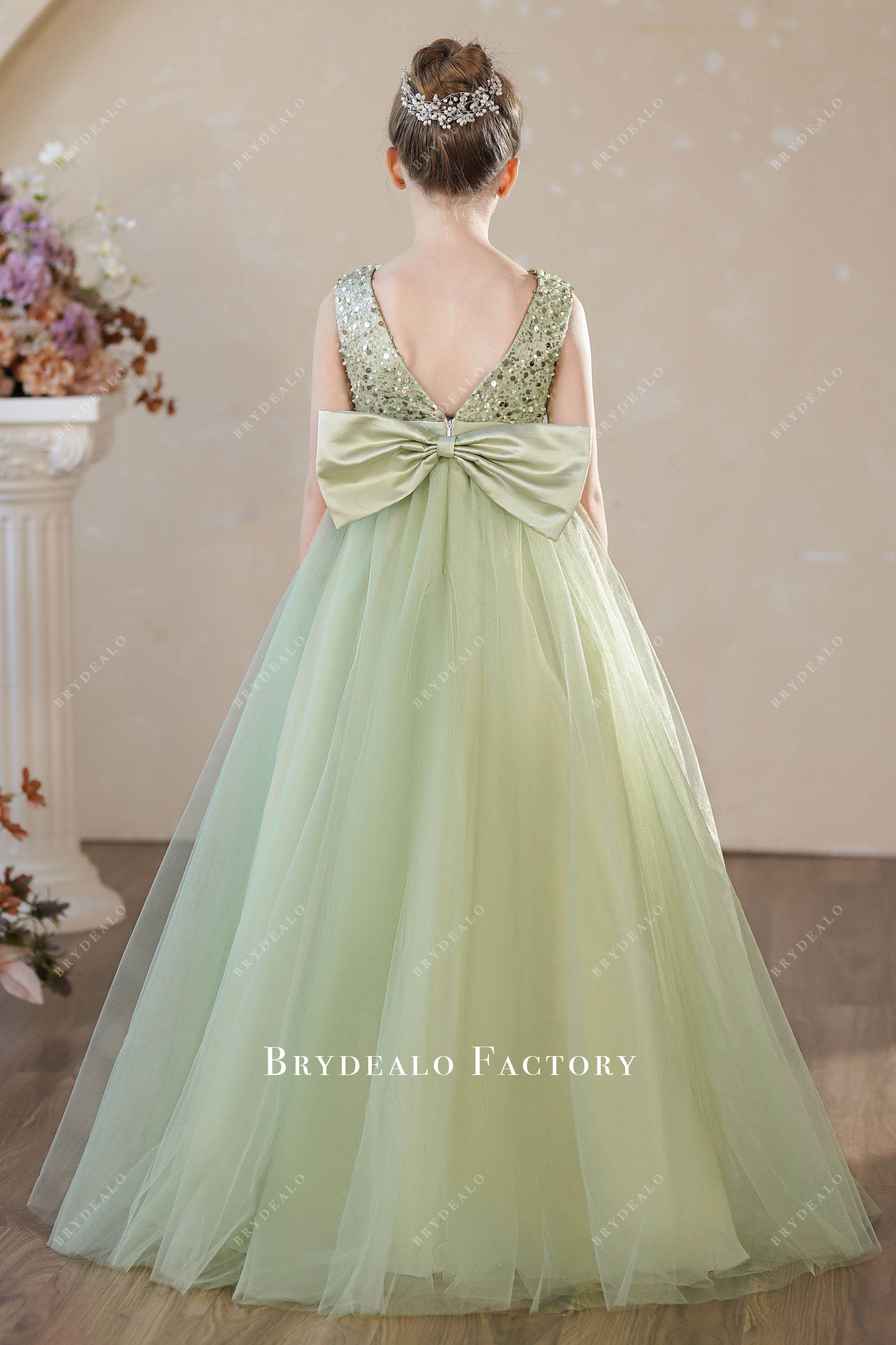 sage bowknot floor length flower girl dress