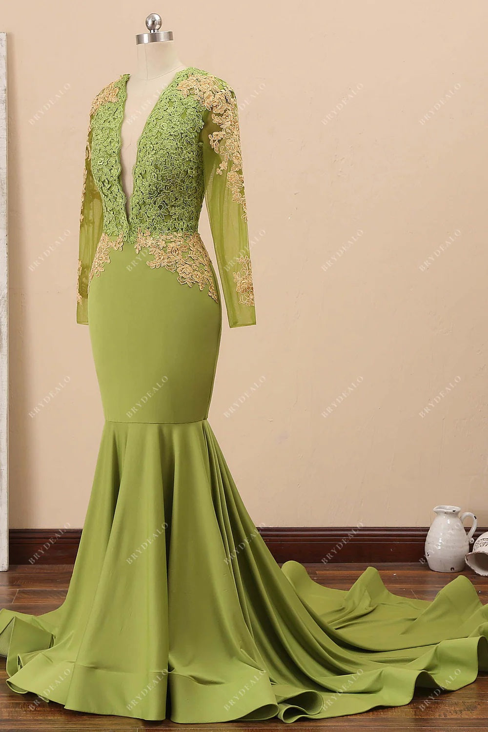 sage crepe mermaid prom dress