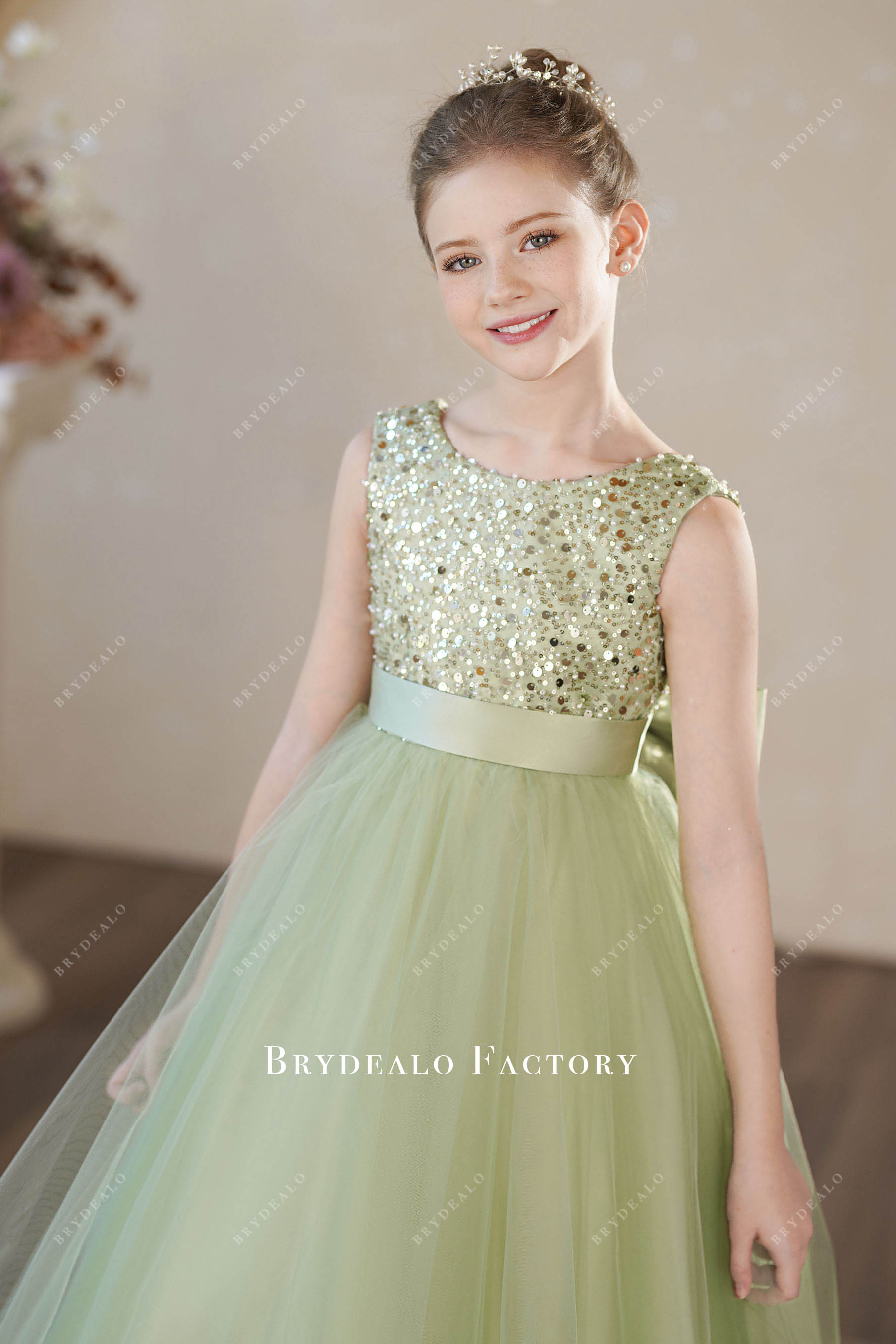 sage green sparkly beaded kids holiday dress