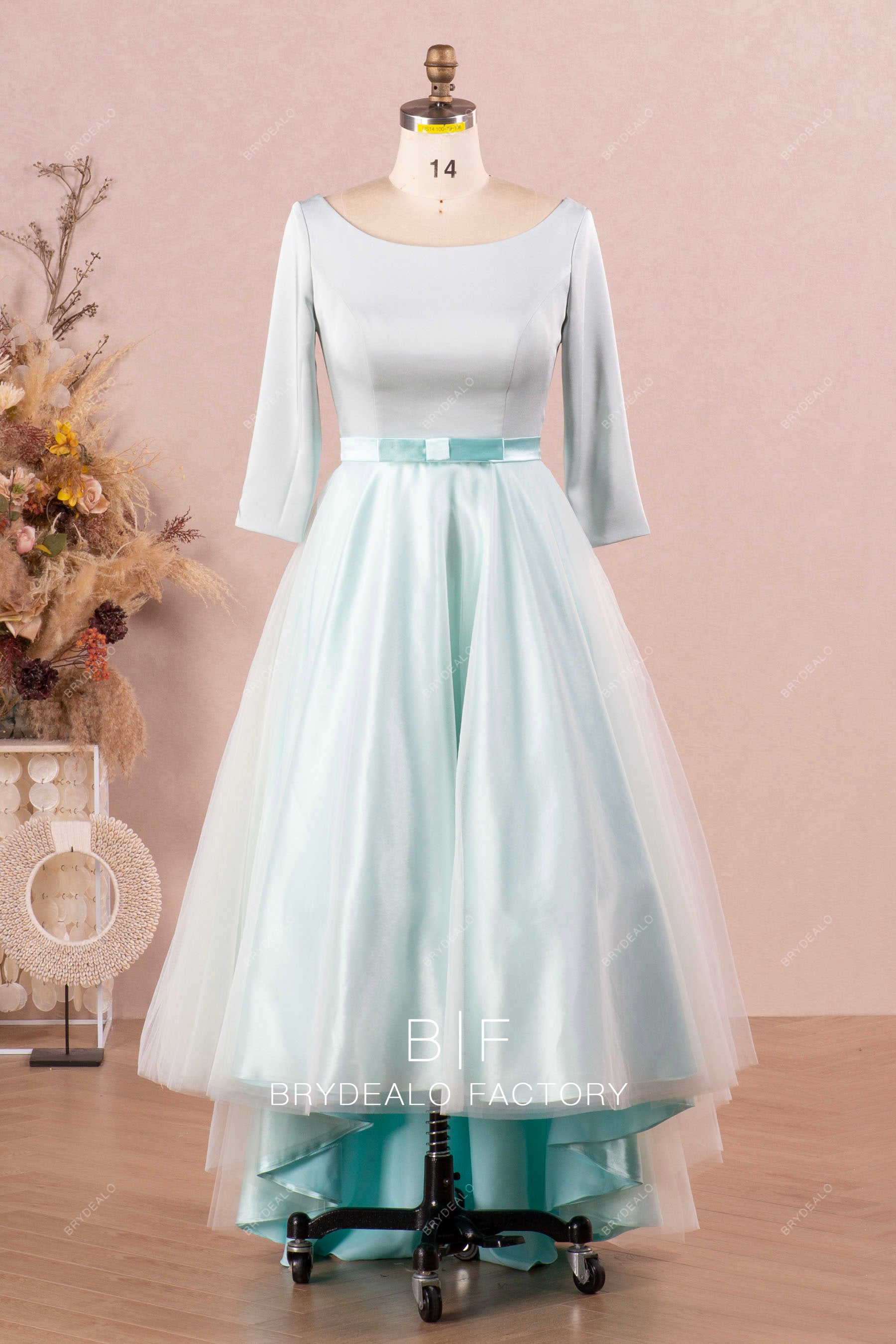 satin sleeve bowknot hilo wedding dress