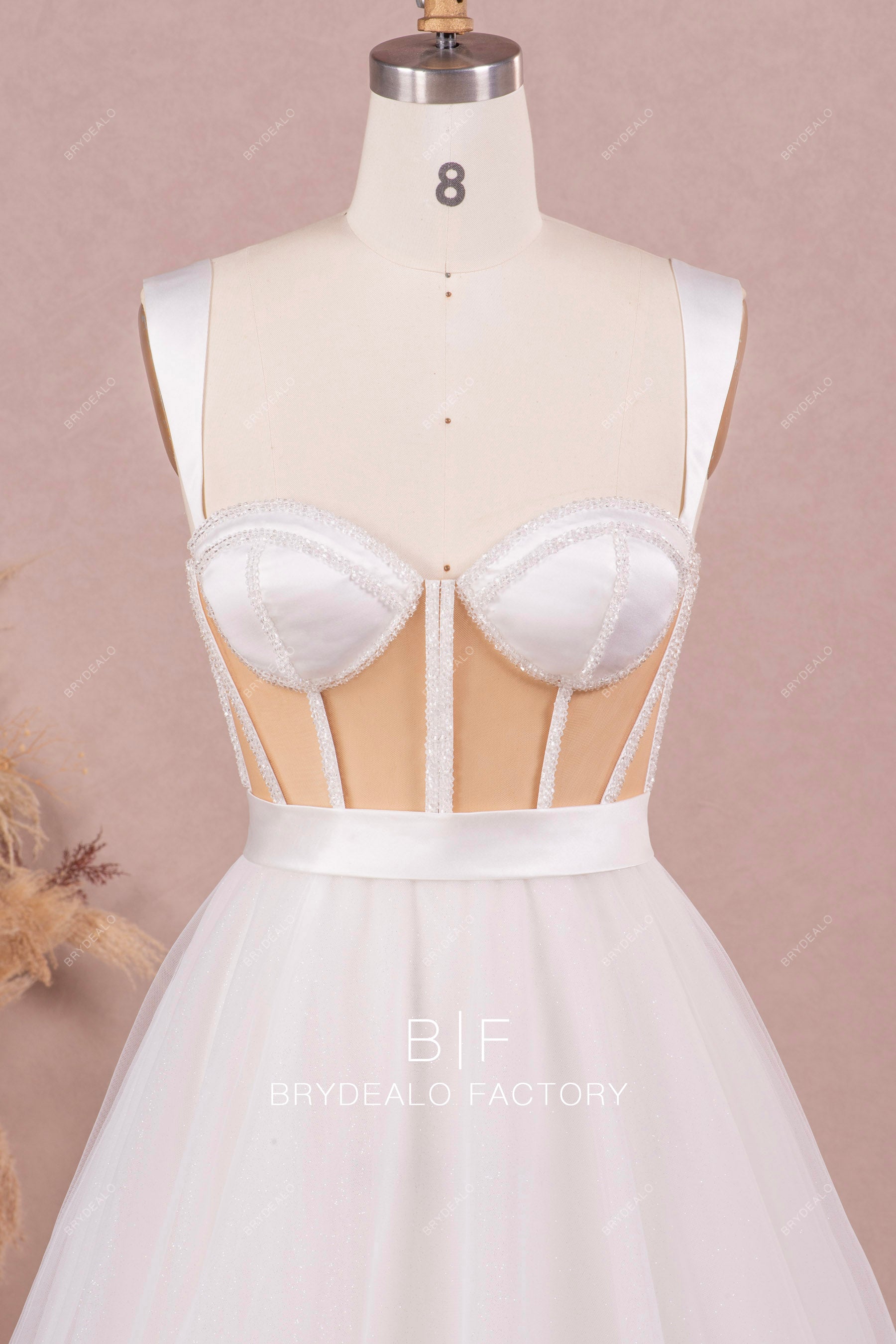 satin straps corset beading boning wedding dress