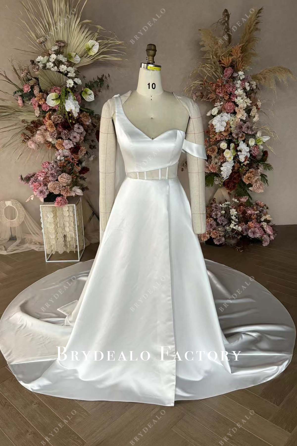 Private Label Custom Flowers One Shoulder Satin Wedding Dress