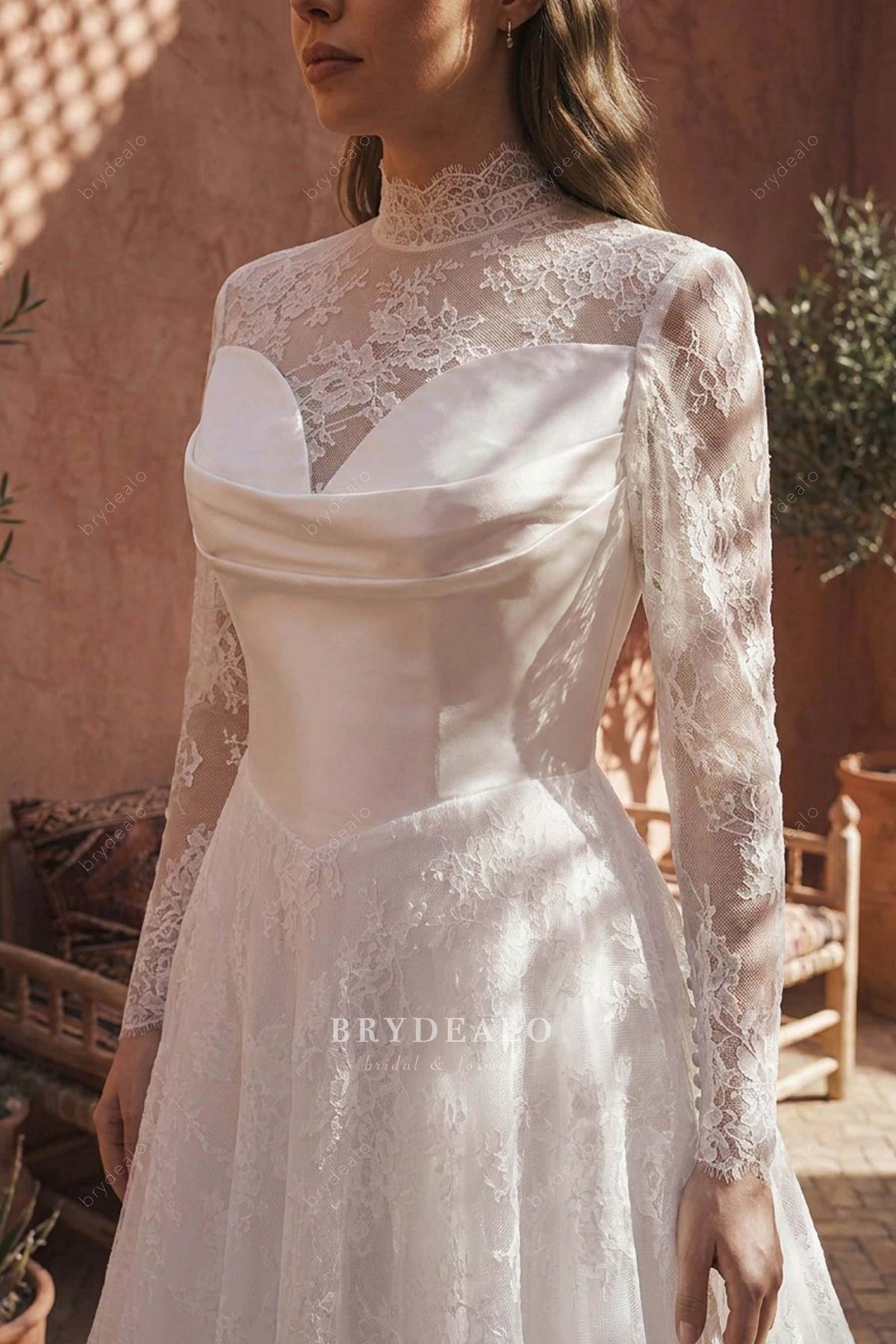 scalloped lace high neck wedding dress