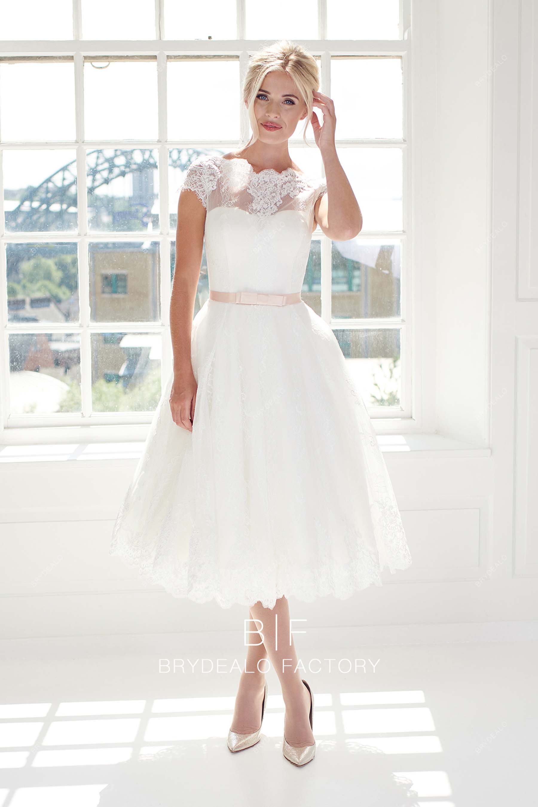 scalloped neck lace shrot informal wedding dress
