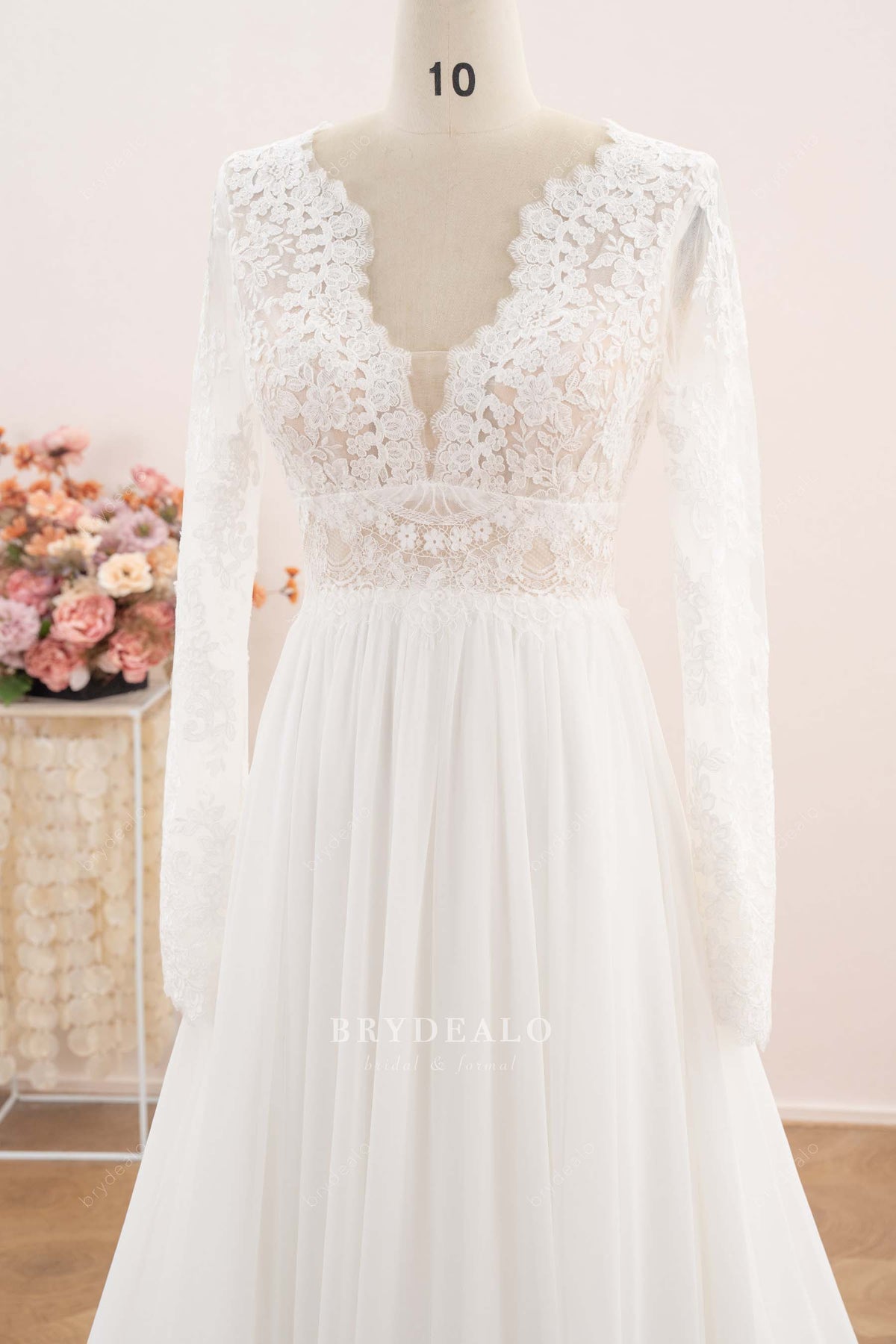 scalloped plunging neck wedding dress