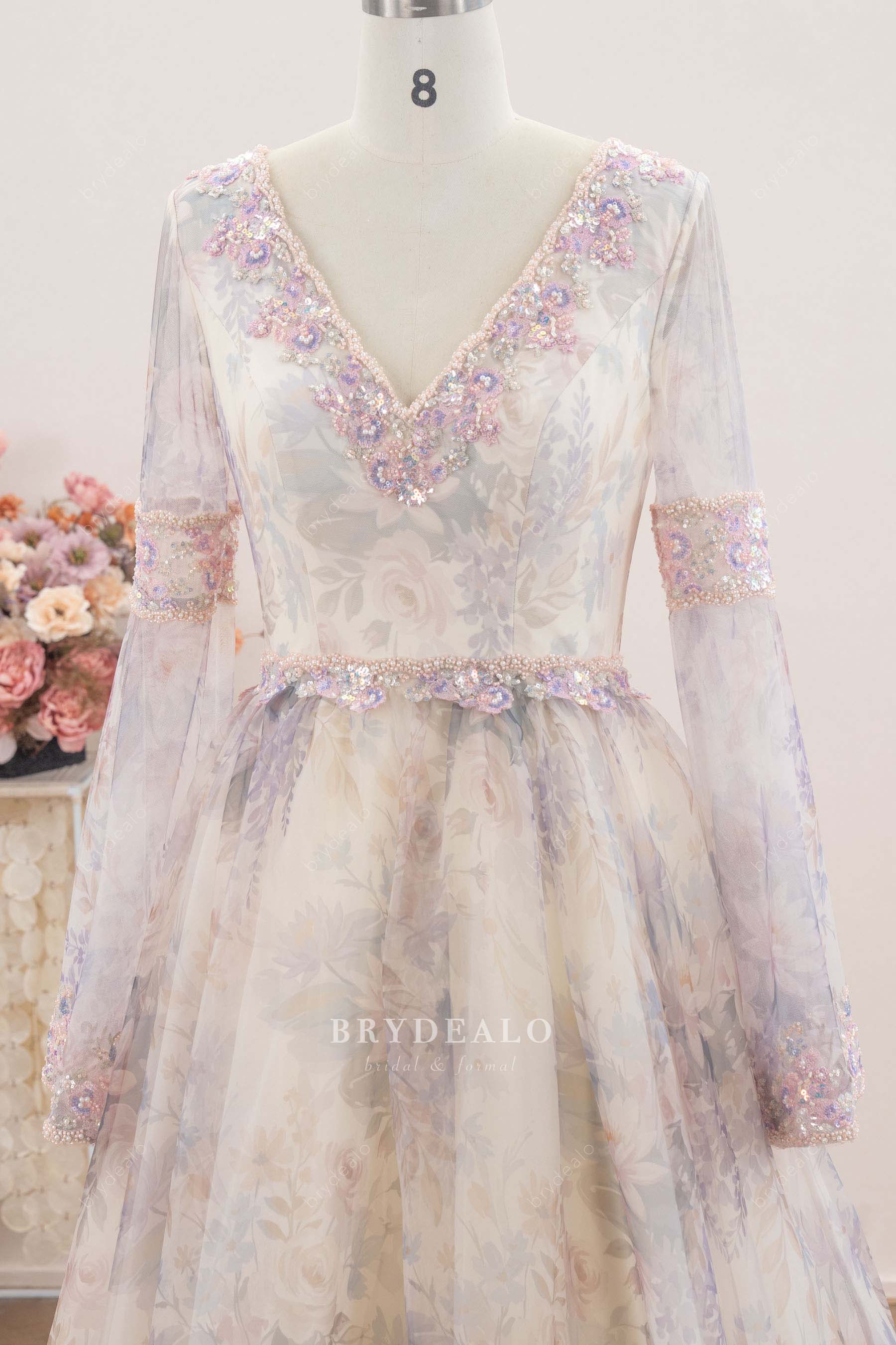 scalloped v-neck sleeved wedding dress