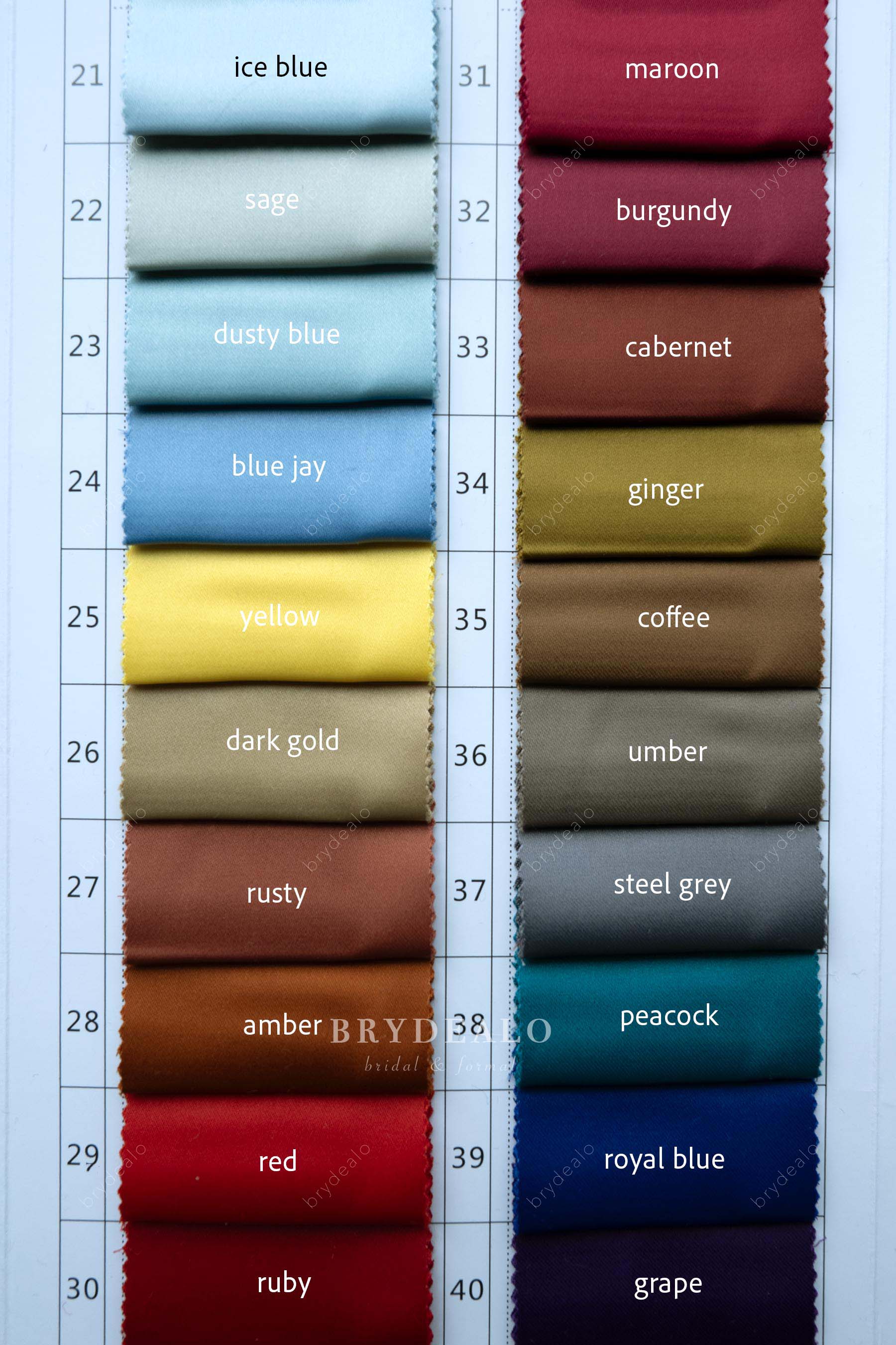 semi glossy satin fabric color chart