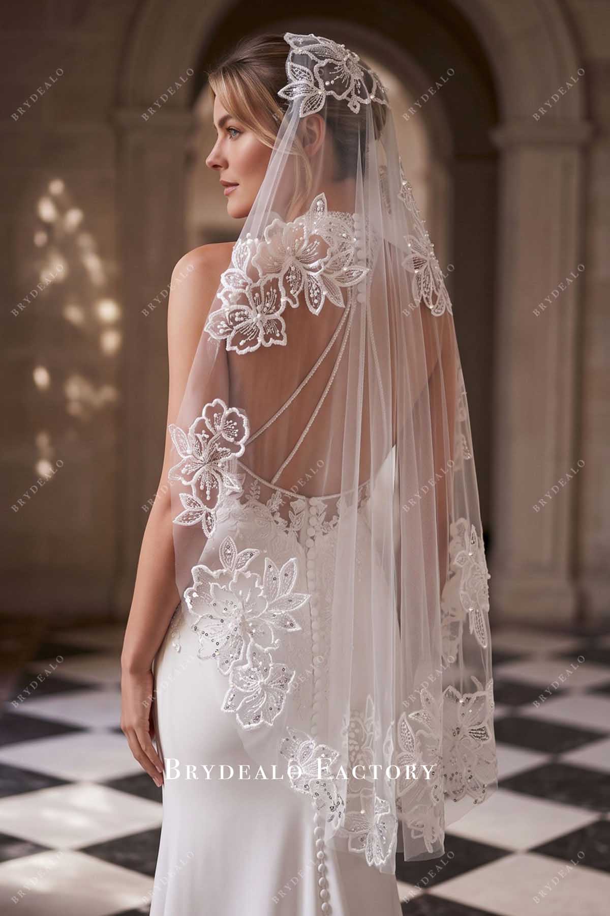 sequined flower lace bridal veil
