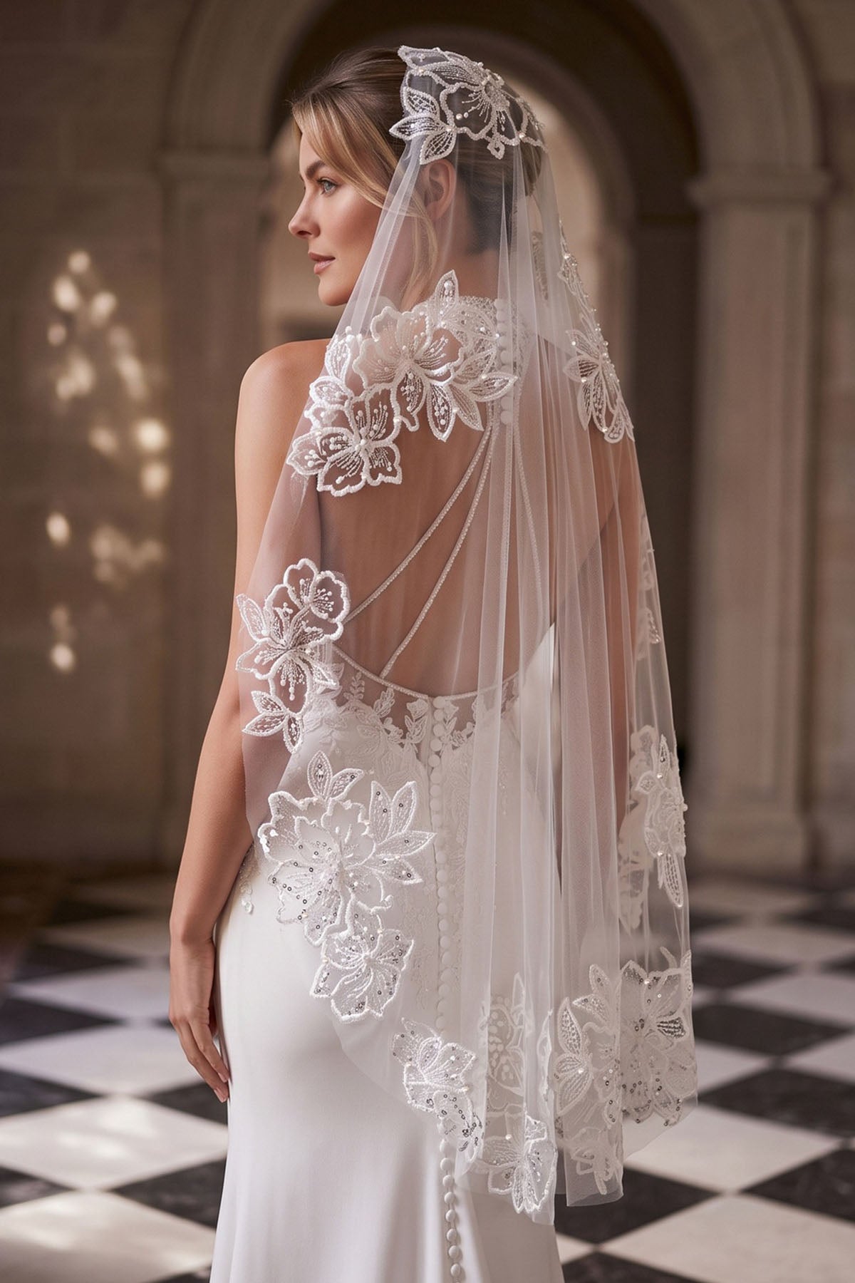 sequined lace bridal veil