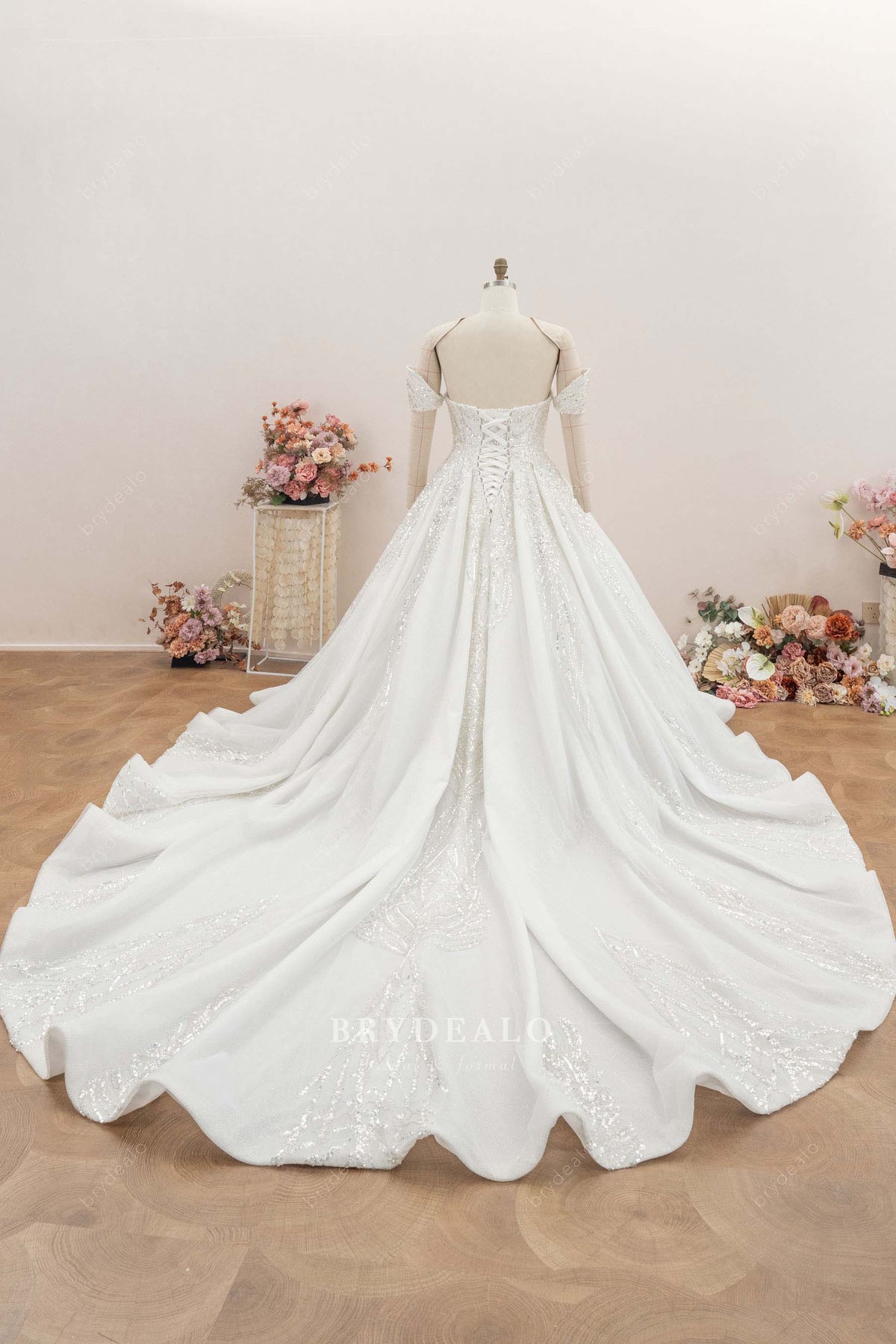 sequined lace long ruffled wedding ballgown