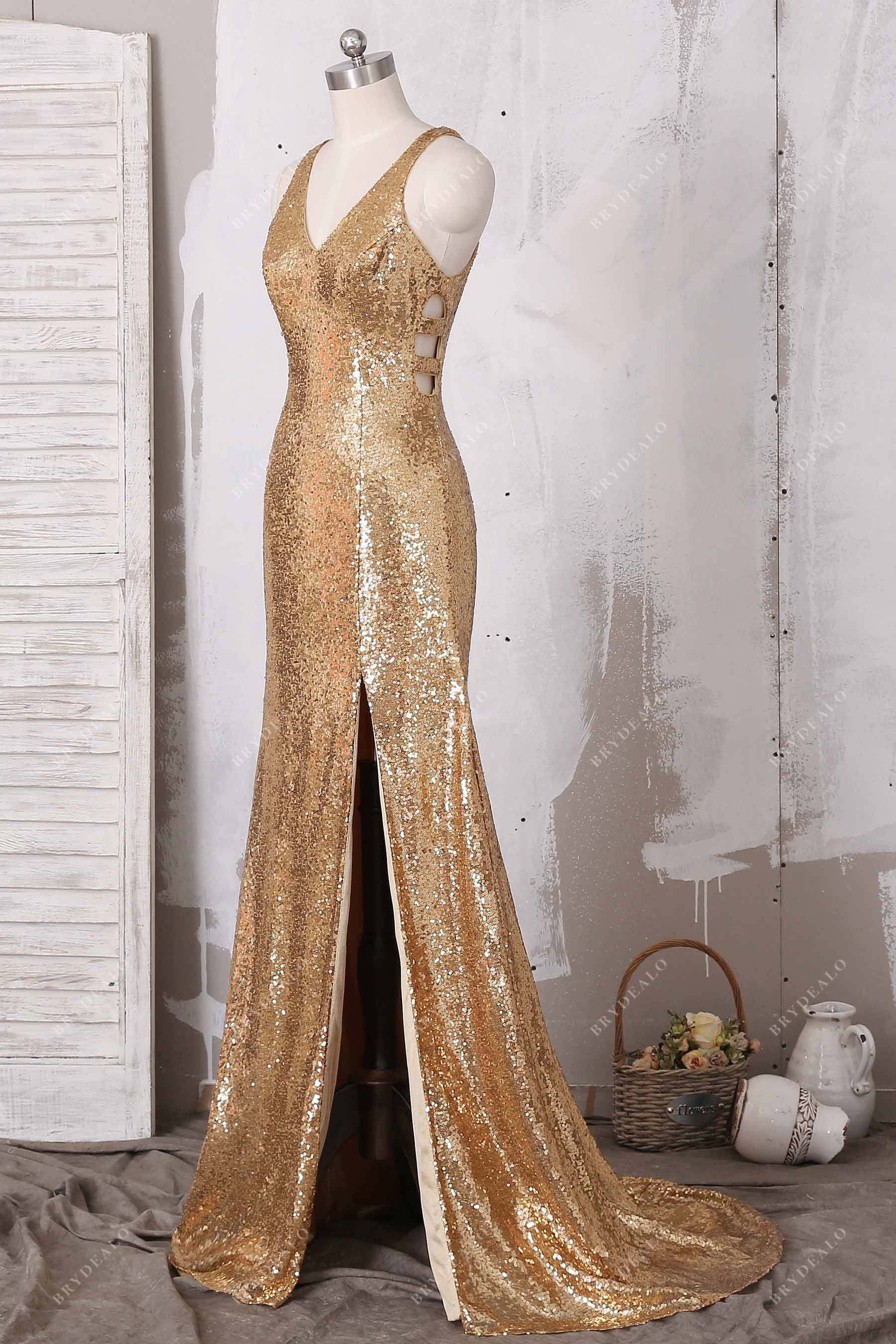 sexy slit mermaid sequin gold prom dress