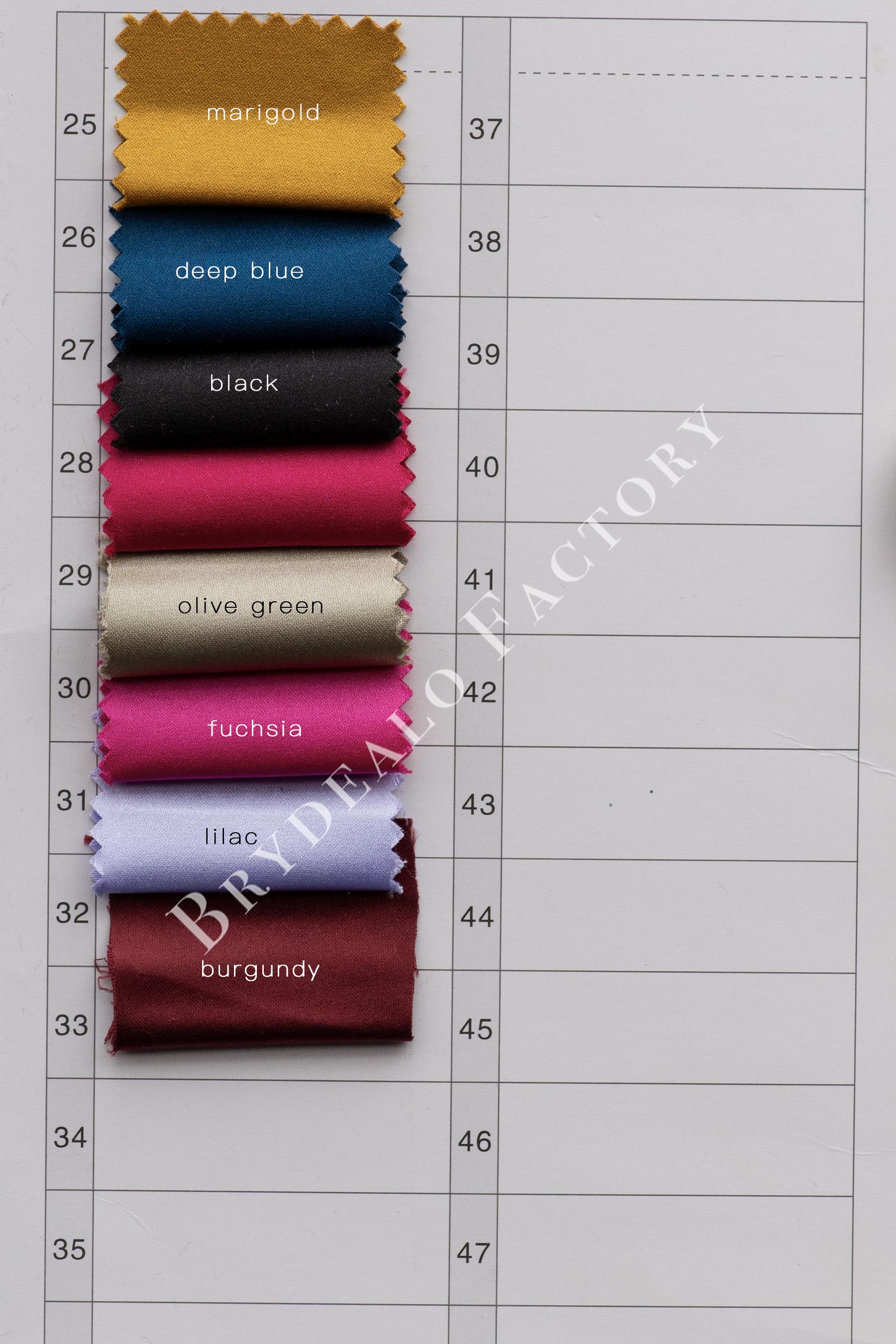 High-End Sheen Bridal Satin Fabric Color Chart｜30+ Colors