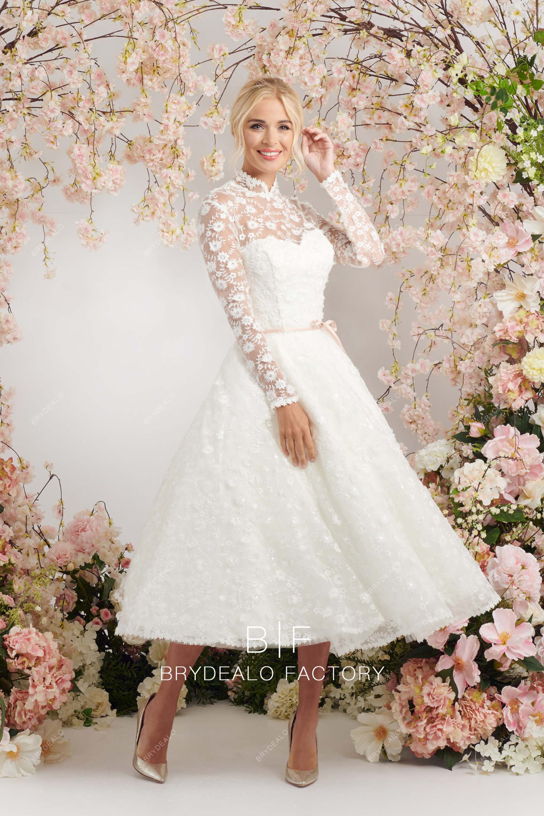 sheer long sleeves high neck lace bridal dress